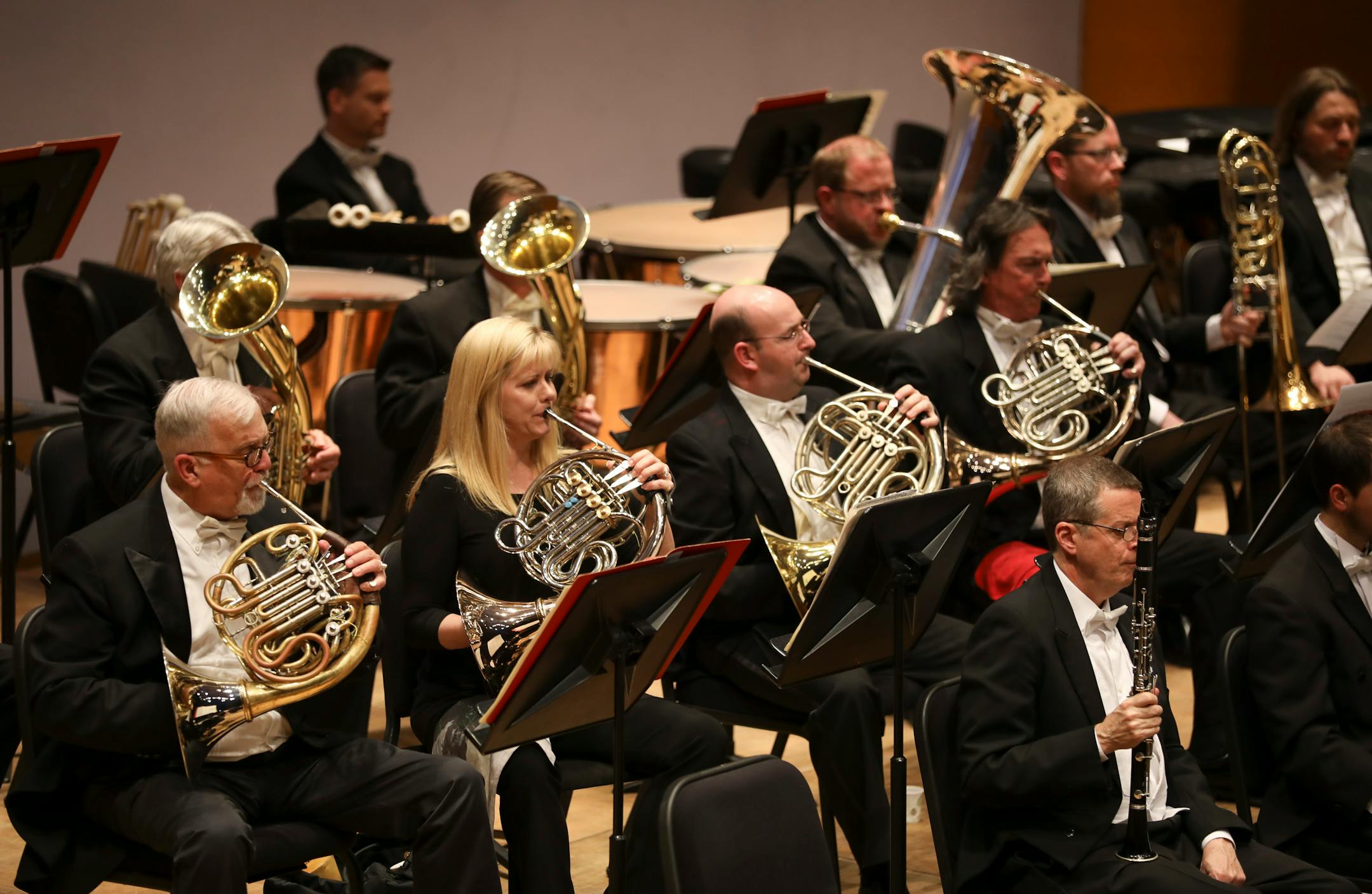 Horn player David Kamminga, left, came out of retirement to join his former Minnesota Orchestra colleagues as they performed "Adagio," from Symphony No. 7 by Anton Bruckner in tribute to Conductor Laureate Stanislaw Scrowaczewski. Long associated with Scrowaczewski, he first heard Bruckner's Symphony No. 7 coming from a window as a young boy and it moved him so deeply he fainted. Scrowaczewski hired Kamminga in the orchestra while he was music director. ] JEFF WHEELER • jeff.wheeler@startribune.