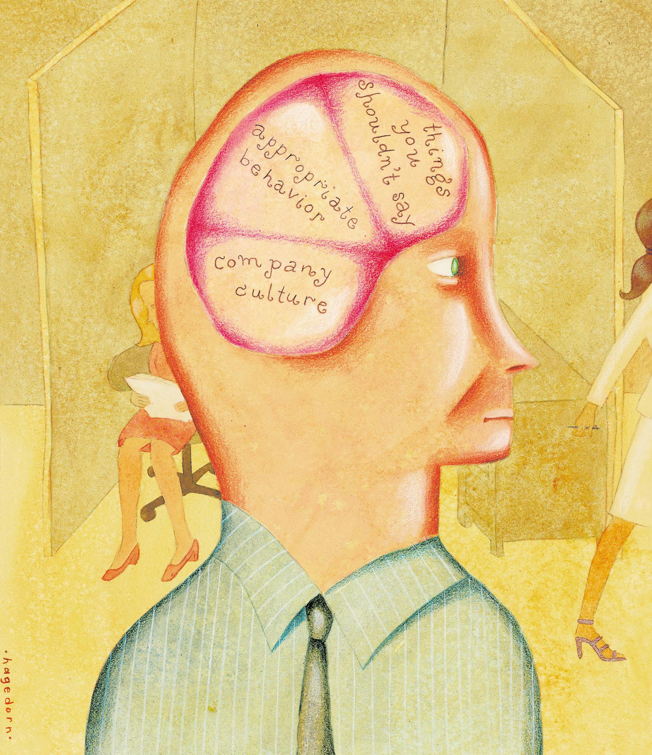 300 dpi 5 col x 11.25 in / 246x286 mm / 837x972 pixels Kathy Hagedorn color illustration of sexual harassment in the workplace where worker's head holds company standards of behavior. Akron Beacon Journal 2003 With WRK-SEXHARASS:AK, Knight Ridder by Candace Goforth <p> KEYWORDS: krtbusiness business krtnational national krtworld world krtintlbusiness krtnamer north america krtusbusiness krtworkplace workplace u.s. us united states acosar agobiar brain cerebro charges coddington empleo employment