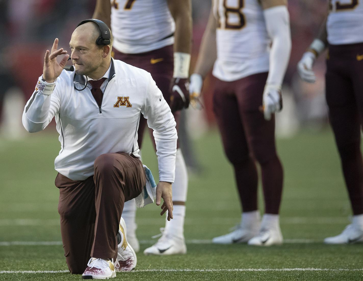 Minnesota's Head Coach P. J. Fleck reacted to a measurement which was just short of a first down during the second quarter as Minnesota took on Wisconsin at Camp Randall Stadium, Saturday, November 24, 2018 in Madison, Wis. ] ELIZABETH FLORES &#xef; liz.flores@startribune.com