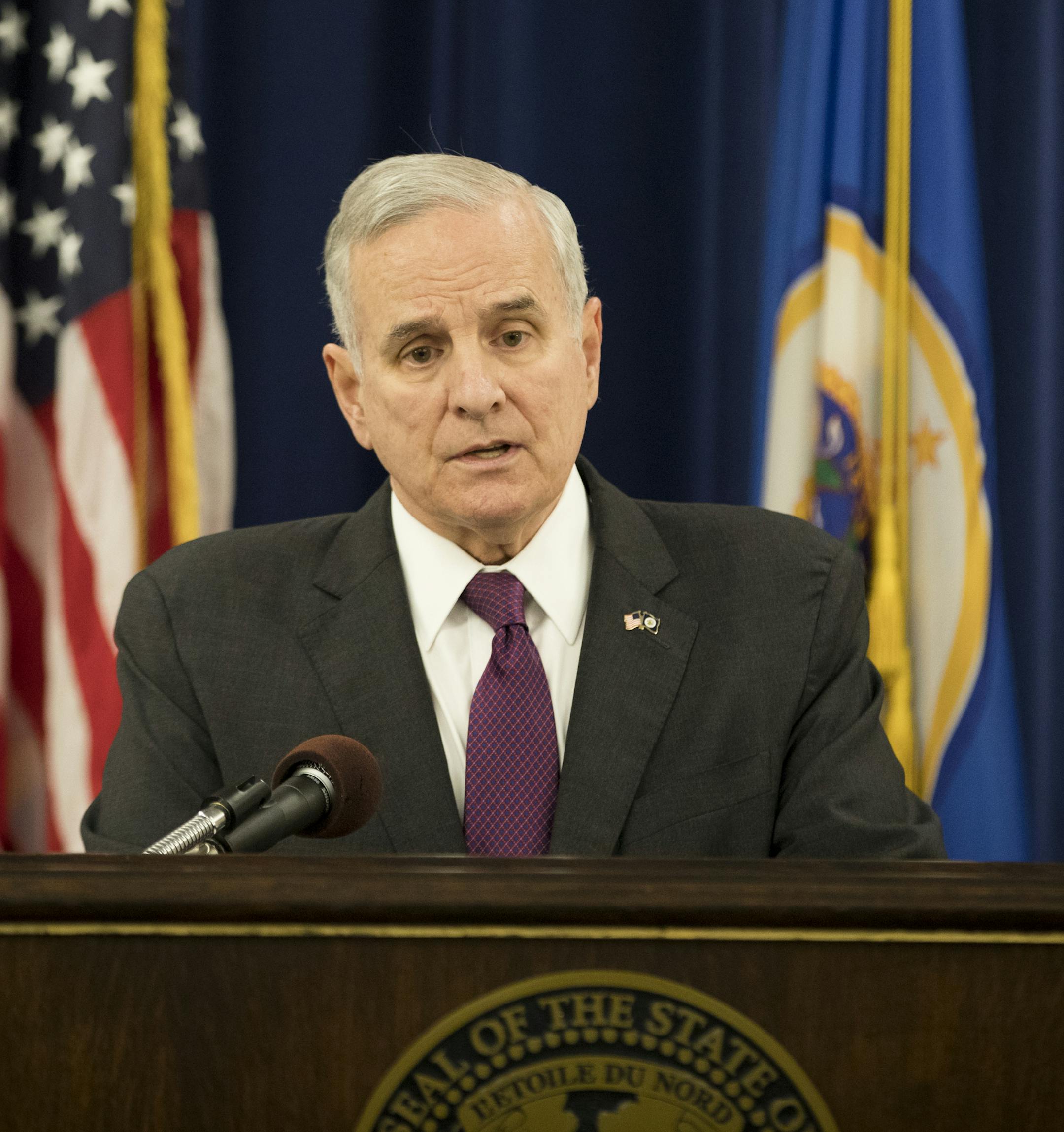 Gov. Mark Dayton held a news conference to discuss his decision to ask for a special session to deal with soaring health insurance rates on Friday, October 21, 2016, in St. Paul, Minn.] RENEE JONES SCHNEIDER &#xef; renee.jones@startribune.com