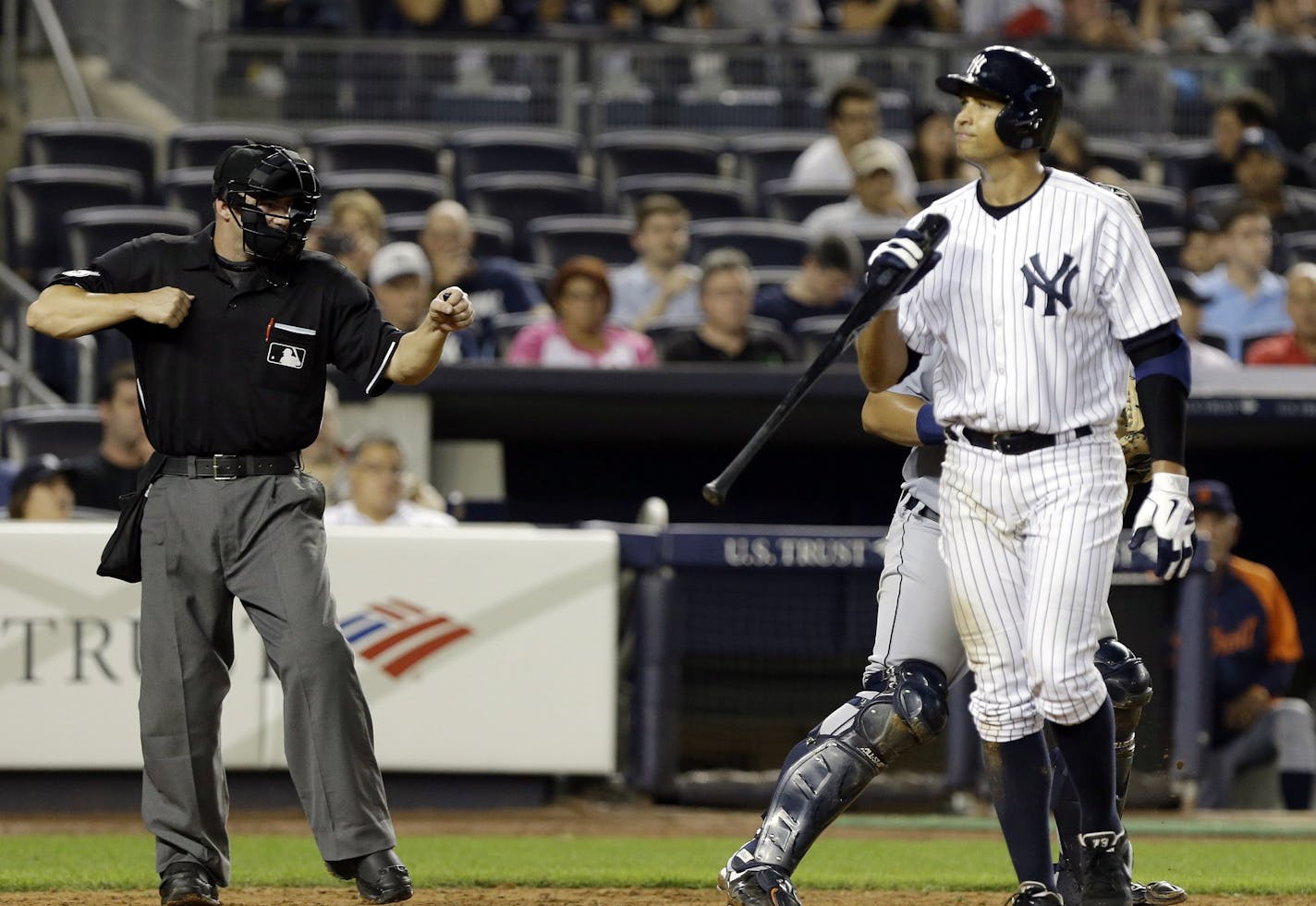 The Yankees' Alex Rodriguez walked back to the dugout after striking out during the eighth inning against the Detroit Tigers in August of 2013.