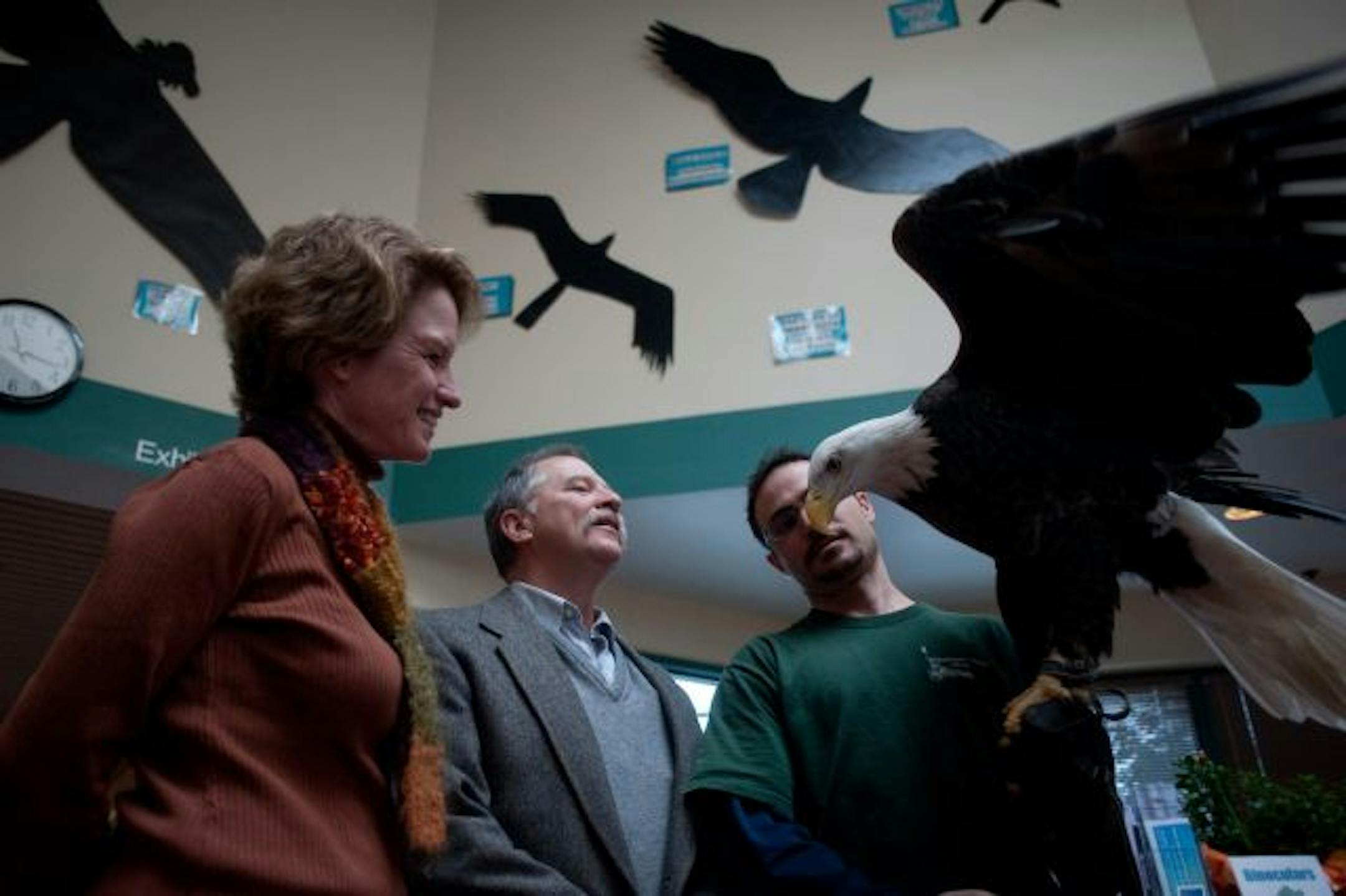 Dr. Julia Ponder, left, Dr. Patrick Redig and Mike Billington checked out Glady, a bald eagle. Ponder succeeded Redig as the center's executive director in 2007.