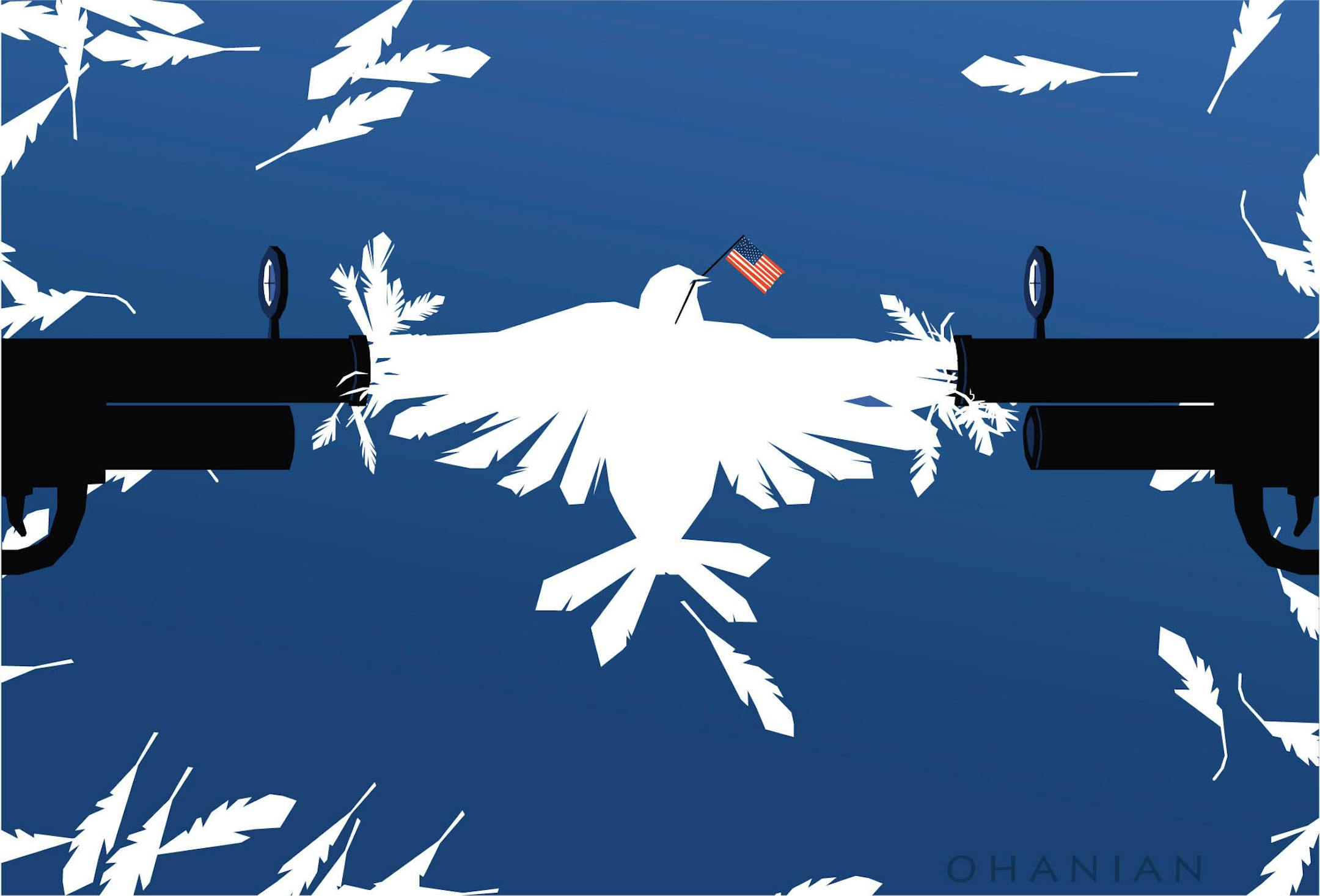 This artwork by Nancy Ohanian relates to the consequences of the United States becoming involved in the Syrian conflict.