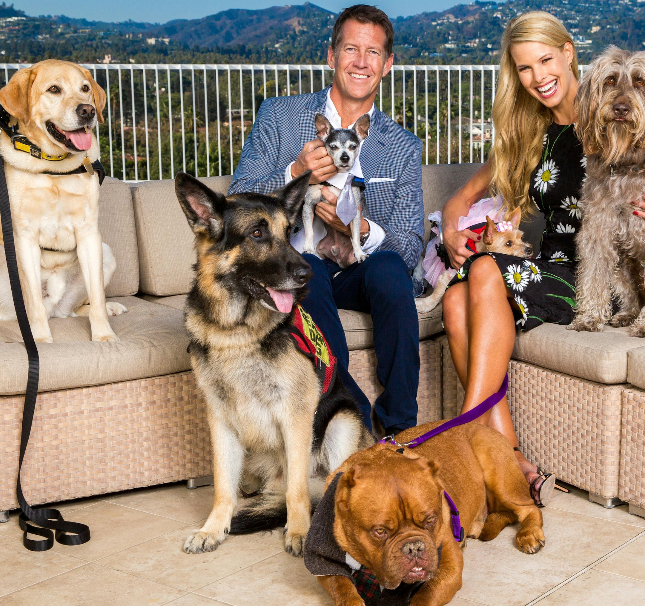 Beth Stern and James Denton return as hosts for the 2016 America Humane Association Hero Dog Awards, taped before a live audience at the historic Beverly Hilton Hotel. Photo: James Denton & Beth Stern with the 2016 Hero Dog Awards finalists. Credit: Copyright 2016 Crown Media United States, LLC/Photographer: Jeremy Lee/Alexx Henry Studios, LLC