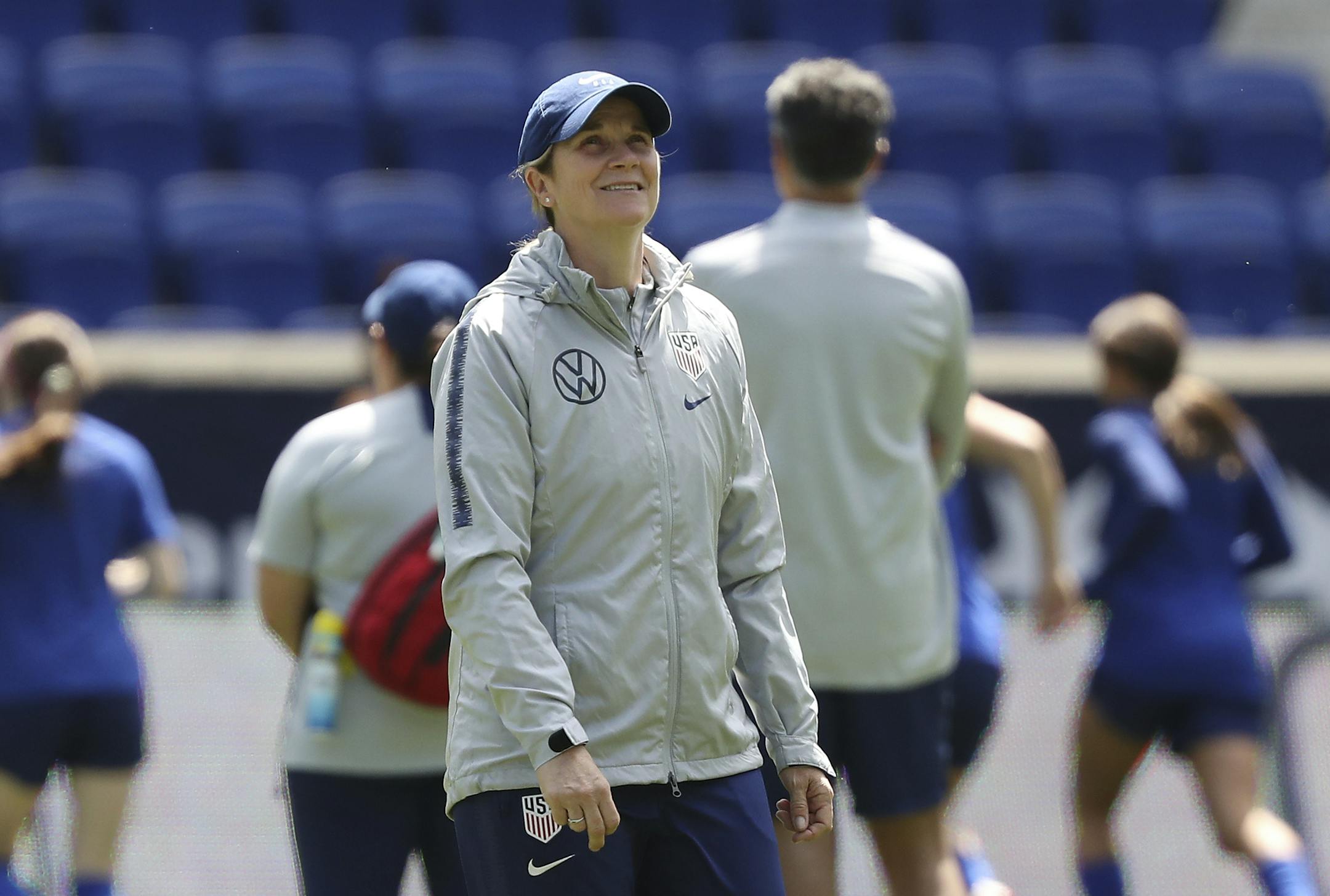 United States women's national soccer team head coach Jill Ellis smiles during a soccer workout at Red Bull Arena, Saturday, May 25, 2019, in Harrison, N.J. The U.S. will play against Mexico in an international soccer friendly on Sunday. (AP Photo/Steve Luciano) ORG XMIT: NYOTK
