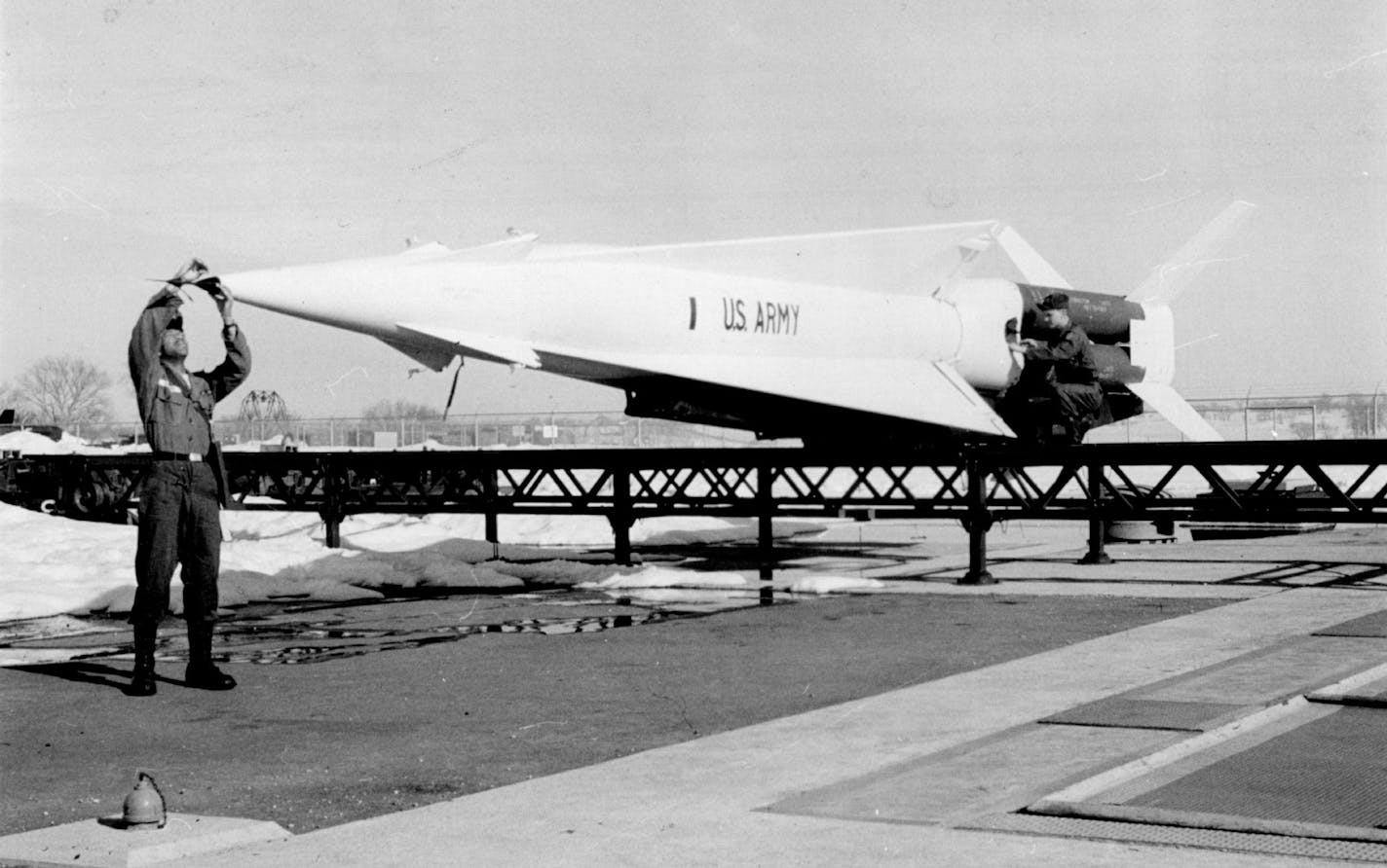 April 15, 1962 Periodical maintenance surveys are made of equipment at each of the four Nike- Hercules sites. Above, two St. Bonifacius technicians check a missile Minneapolis Star Tribune; Minneapolis Sunday Tribune