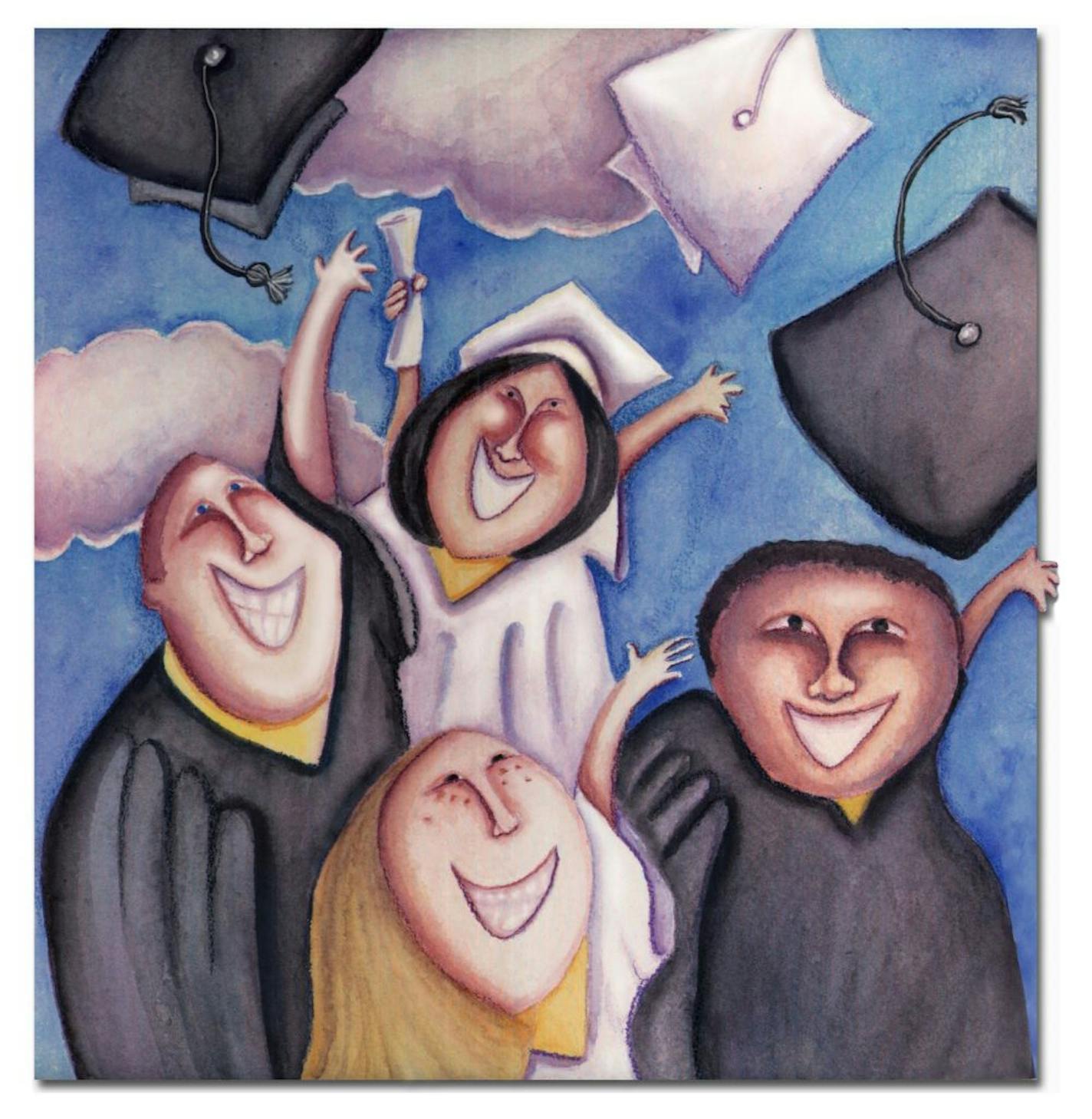 300 dpi 5 col x 11.25 in / 276x286 mm / 940x972 pixels Michelle Hazelwood color illustration of graduating seniors tossing their caps into the air. The Charlotte Observer 2001