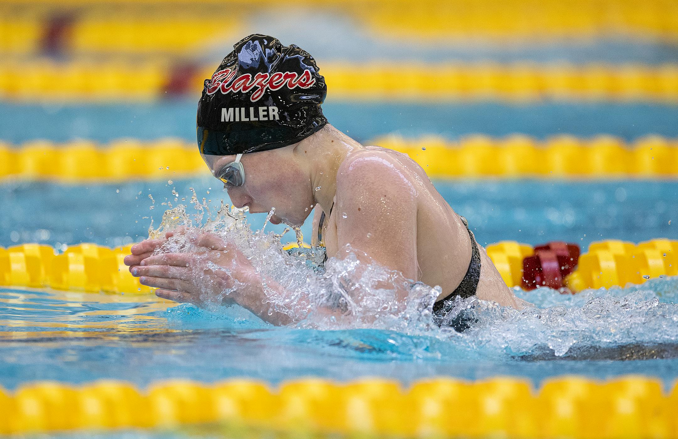 Visitation's Merry Miller competes in the Girls 200 yard IM during the Class 1A preliminaries of the girls swimming state meet at the Jane K Freeman Aquatic Center in Minneapolis, Minn., on Friday, Nov. 17, 2023. ] Elizabeth Flores • liz.flores@startribune.com