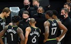 Minnesota Timberwolves head coach Ryan Saunders had words with his team during a timeout in the second quarter. ] ANTHONY SOUFFLE • anthony.souffle@