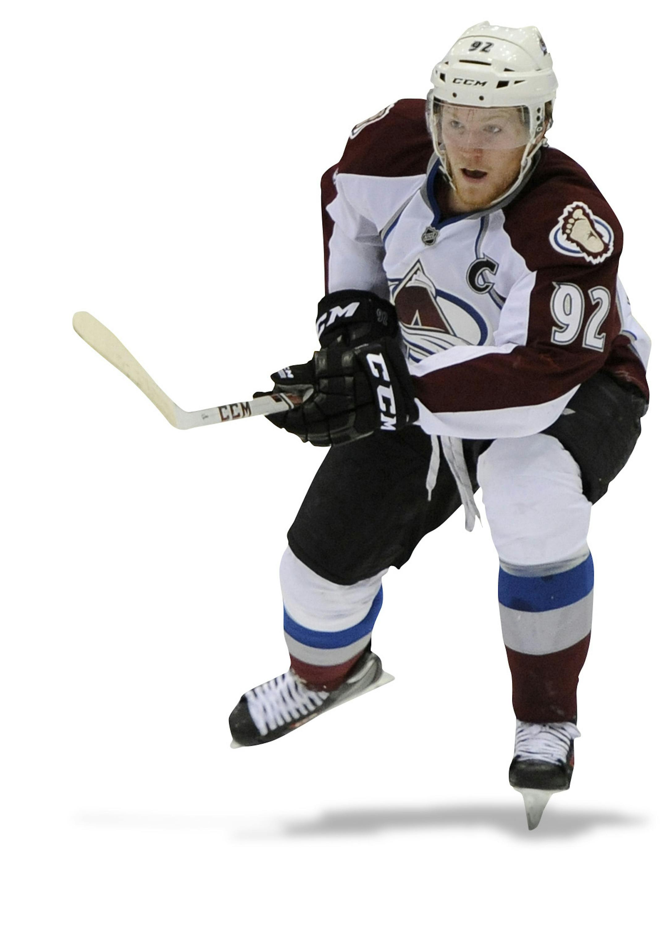 Colorado Avalanche left wing Gabriel Landeskog (92) aims for the net during an NHL hockey game against the New York Islanders on Saturday, Feb. 8, 2014, in Uniondale, N.Y. (AP Photo/Kathy Kmonicek) ORG XMIT: NYOTK167
