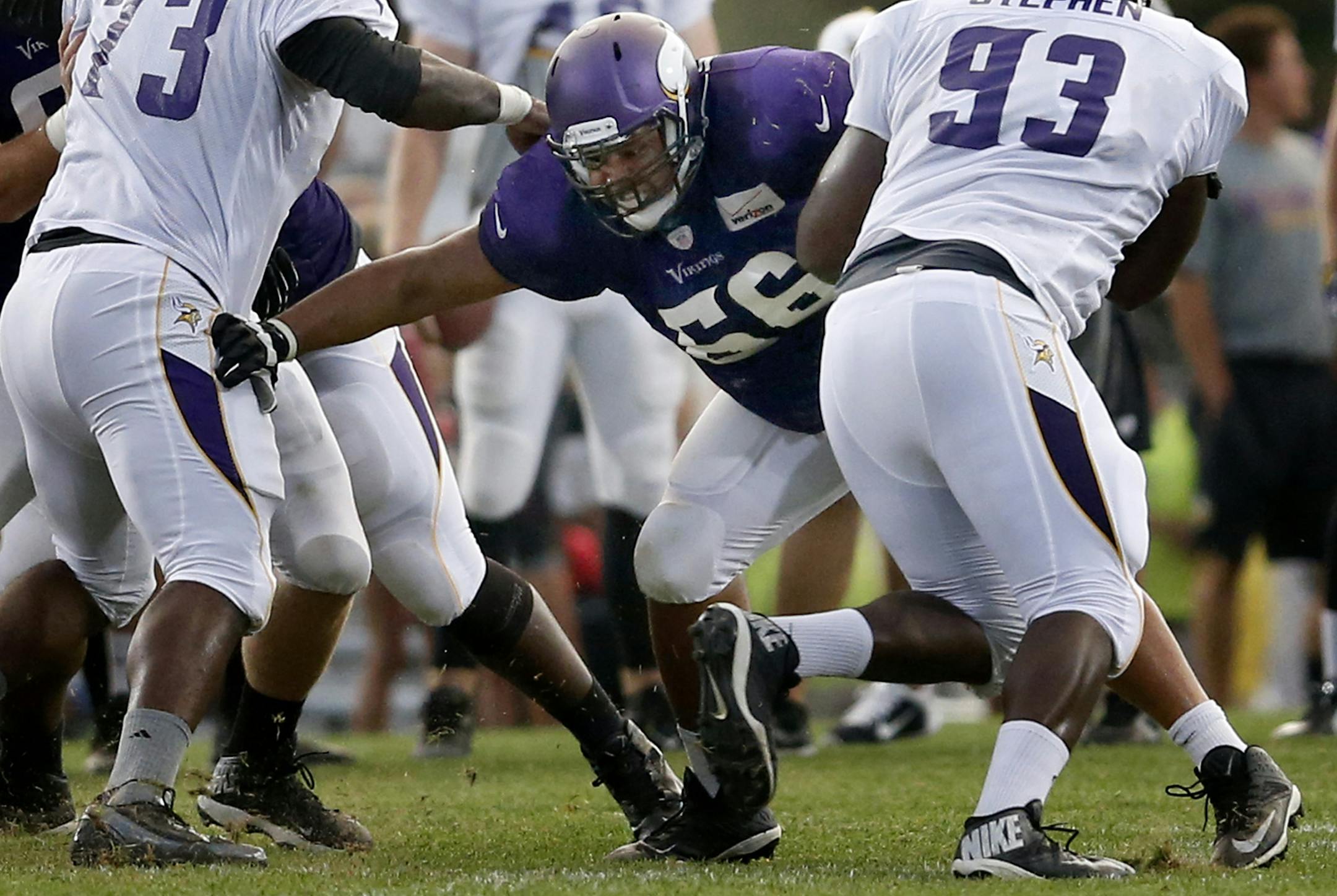 Vikings rookie guard David Yankey (66) is working on his technique after missing most OTAs.