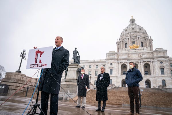 State Senate Majority Leader Paul Gazelka, R-Nisswa, speaks during a news conference to announce a “Contract to Open Up Minnesota,” outside the St