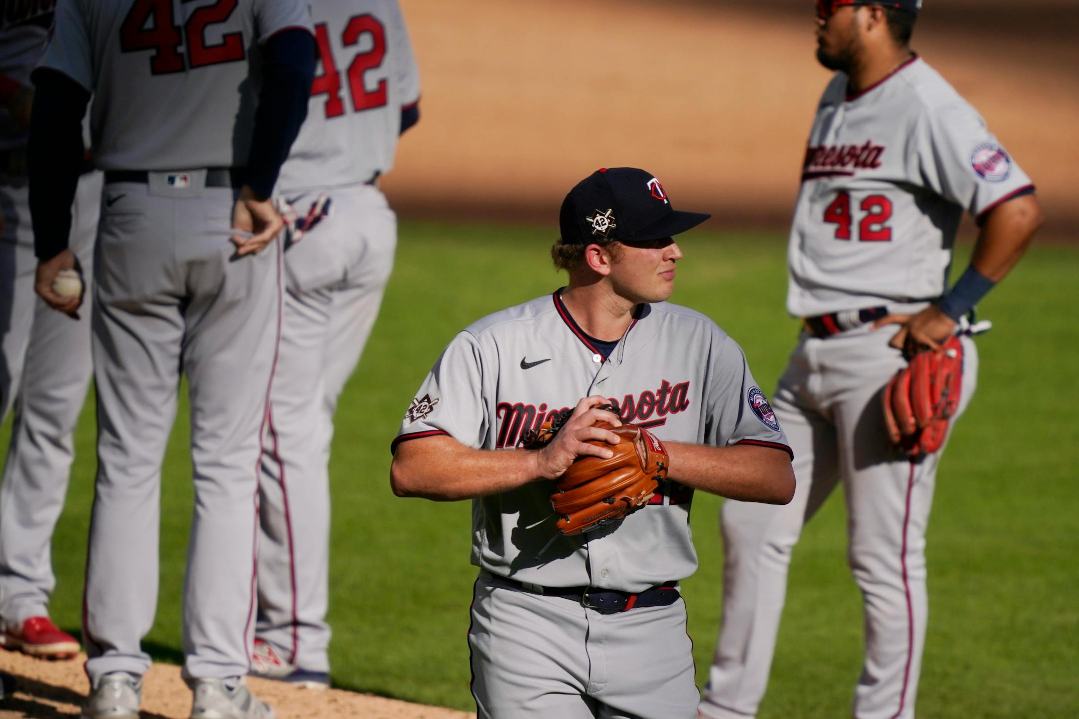 Minnesota Twins relief pitcher Tyler Duffy leaves the mound during the fifth inning of the second baseball game of a doubleheader against the Detroit Tigers, Saturday, Aug. 29, 2020, in Detroit. (AP Photo/Carlos Osorio)