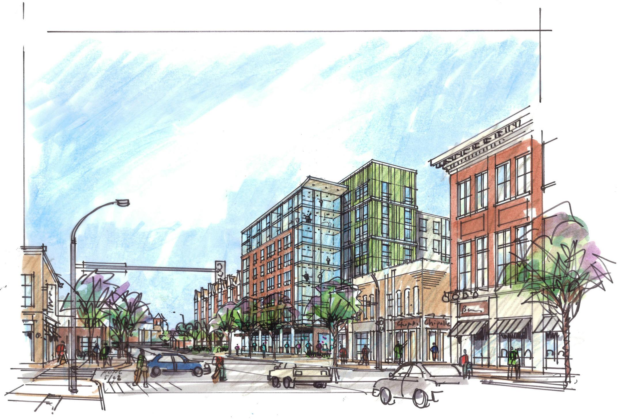 The Campus Crossroads project, as envisioned in this rendering, would have 175 apartments and 25,000 square feet of retail space on Washington Avenue. The building would include a fitness center, study and game rooms, and a cyber cafe.