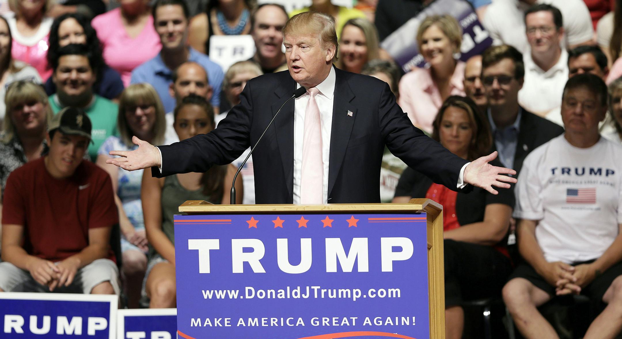 FILE - In this July 25, 2015, photo, Republican presidential candidate Donald Trump speaks at a rally and picnic in Oskaloosa, Iowa. The prospect that Trump might eventually leave the primaries and run for president on his own has started to cast a shadow on the race, reviving memories of Ross Perot, Ralph Nader and the chills their third-party campaigns gave to Republicans and Democrats in turn. (AP Photo/Charlie Neibergall) ORG XMIT: MIN2015073117304226