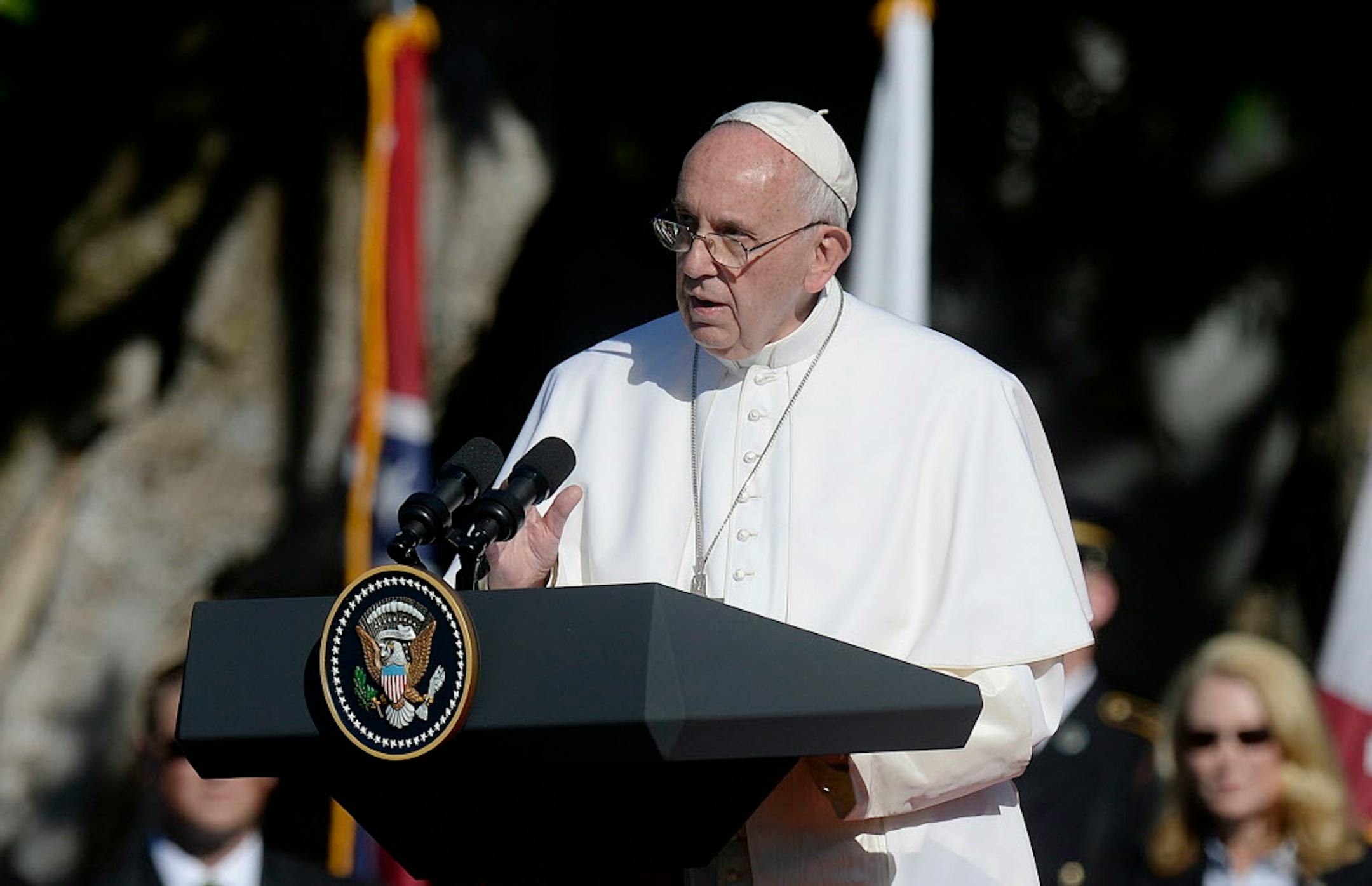 His Holiness Pope Francis speaks during a welcoming ceremony on the South Lawn of the White House on Wednesday Sept. 23, 2015 in Washington, D.C. The Pope is making his first trip to the United States on a three-city, five-day tour that will include Washington D.C., New York City and Philadelphia. (Olivier Douliery/Abaca Press/TNS) ORG XMIT: 1174187