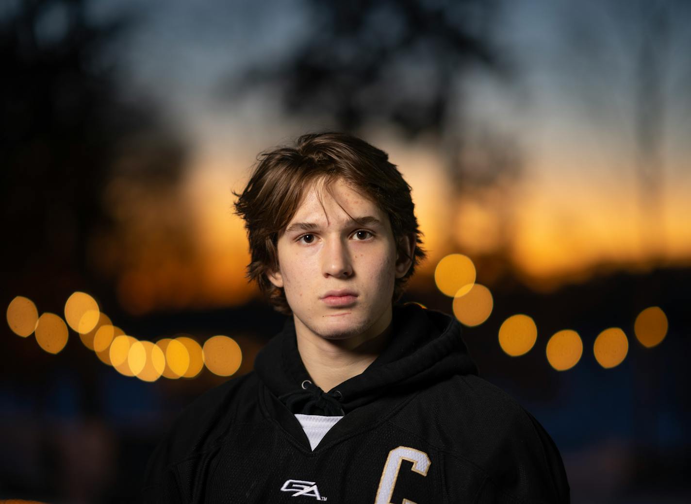 Forward Gavyn Thoreson Andover High School, a selection for the Star Tribune's All Metro First Team, photographed Sunday evening, February 5, 2023 on the backyard rink of Tom Schoolmeesters in Circle Pines, Minn. ] JEFF WHEELER • jeff.wheeler@startribune.com