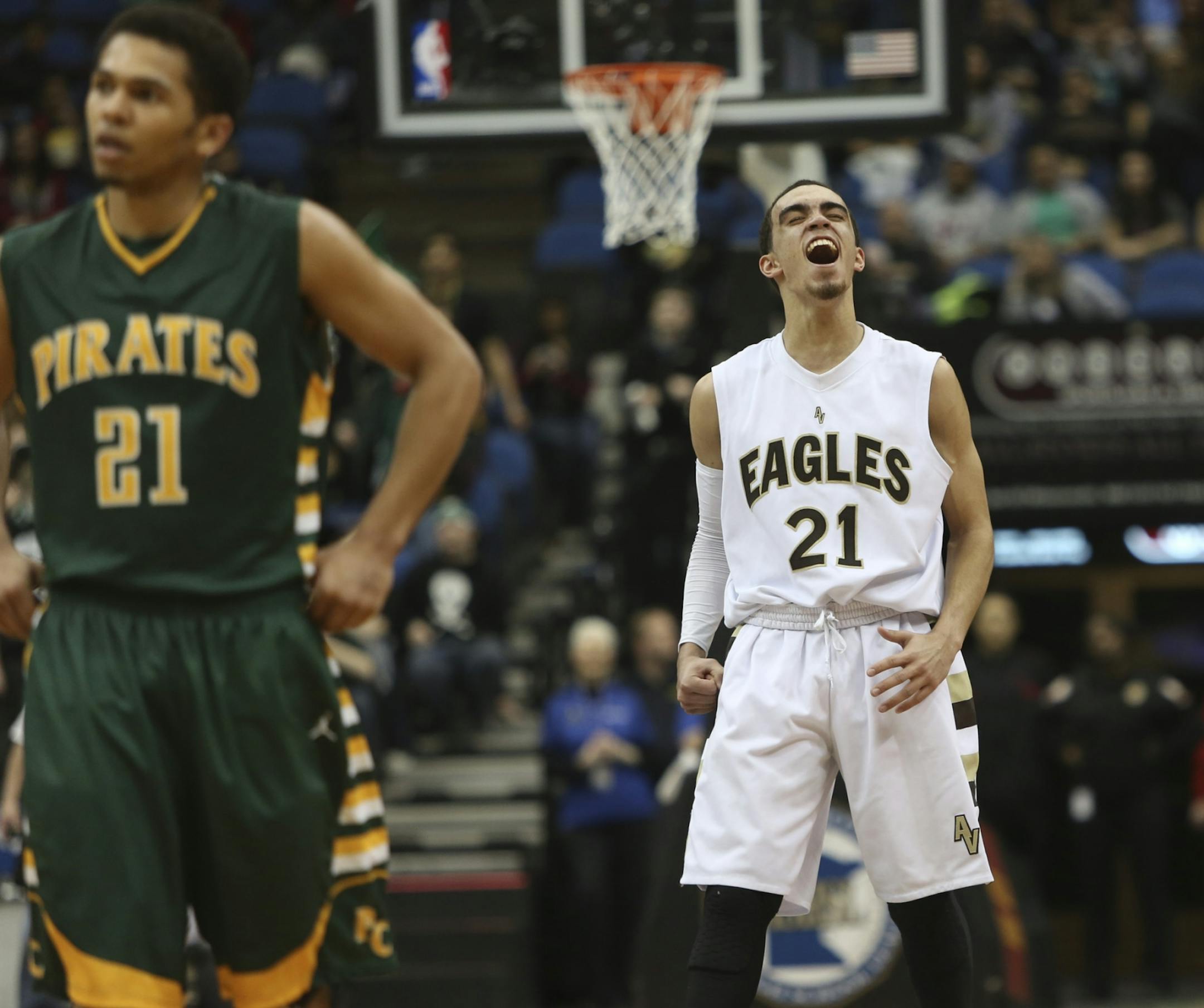 Apple Valley's Tyus Jones celebrated the Eagles' Class 4A championship.