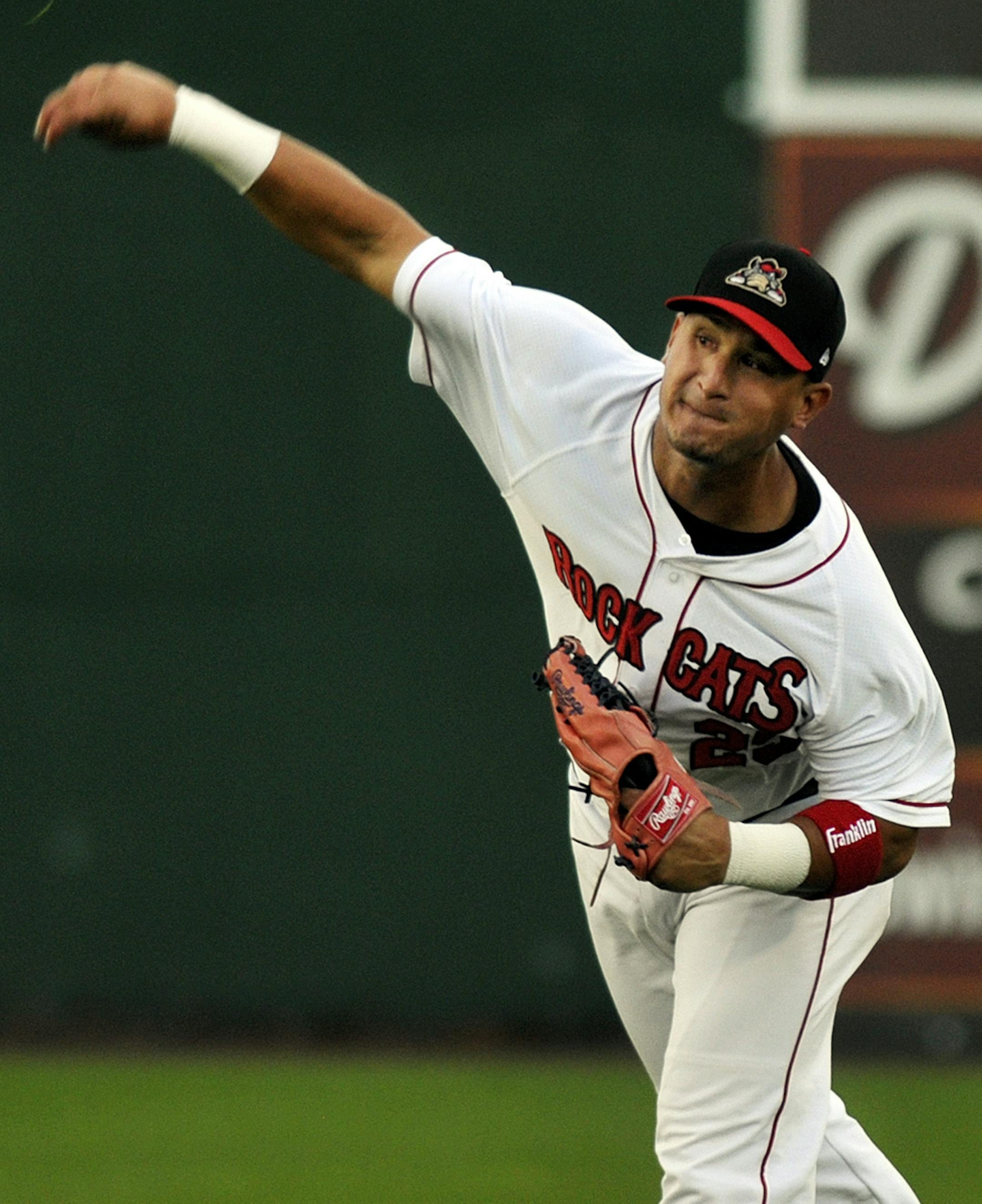 New Britain, 6/27/2012 The New Britain Rock Cats are a AA affiliate of the Minnesota Twins Major League Baseball franchise. Rock Cats' Oswaldo Arcia, 25, right fielder for the Rock Cats, throws the ball into the infield to prevent a baserunner from advancing. Digital Photo by Richard Messina/The Hartford Courant ORG XMIT: MIN2013041419470981