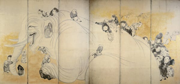 Nagasawa Rosetsu (1754-1799), "Chinese Children at Play," Edo period, 2nd half 18th century, pair of six-panel folding screens, ink and gold on paper.