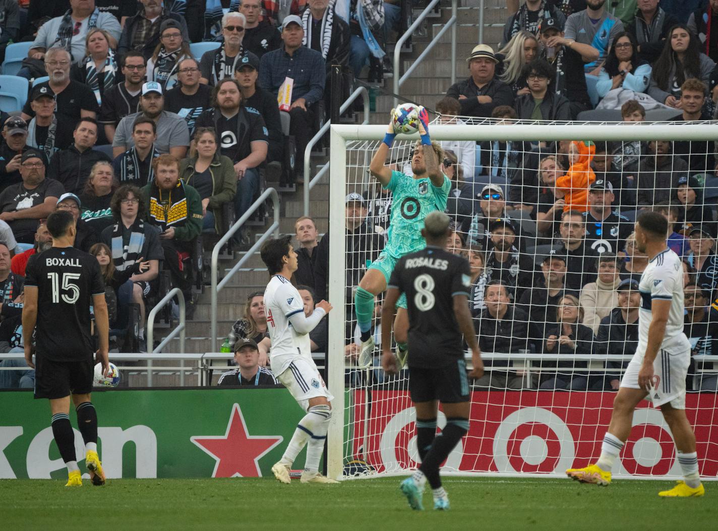 Minnesota United goalkeeper Dayne St. Clair (97) went high for a save in the second half of their game Sunday afternoon, October 9, 2022 at Allianz Field in St. Paul. The Minnesota United FC shut out the Vancouver Whitecaps FC 2-0 in a Decision Day game. ] JEFF WHEELER • Jeff.Wheeler@startribune.com