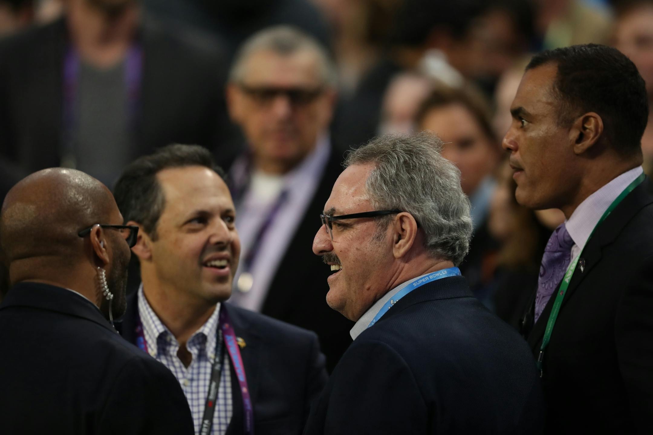 Vikings co-owners Mark Wilf, left center, and Ziggy Wilf, right center, were on the sidelines Sunday at U.S. Bank Stadium before the start of Super Bowl LII.