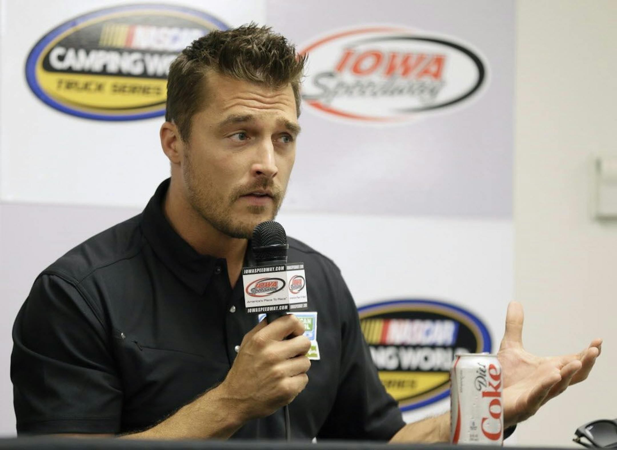 FILE - In this June 19, 2015, file photo, Iowa farmer Chris Soules, a former star of ABC's "The Bachelor," speaks during a news conference before a NASCAR event in Newton, Iowa. Soules was booked early Tuesday, April 25, 2017, after his arrest on a charge of leaving the scene of a fatal accident near Arlington, Iowa. Police said he fled the scene of a fatal traffic accident.