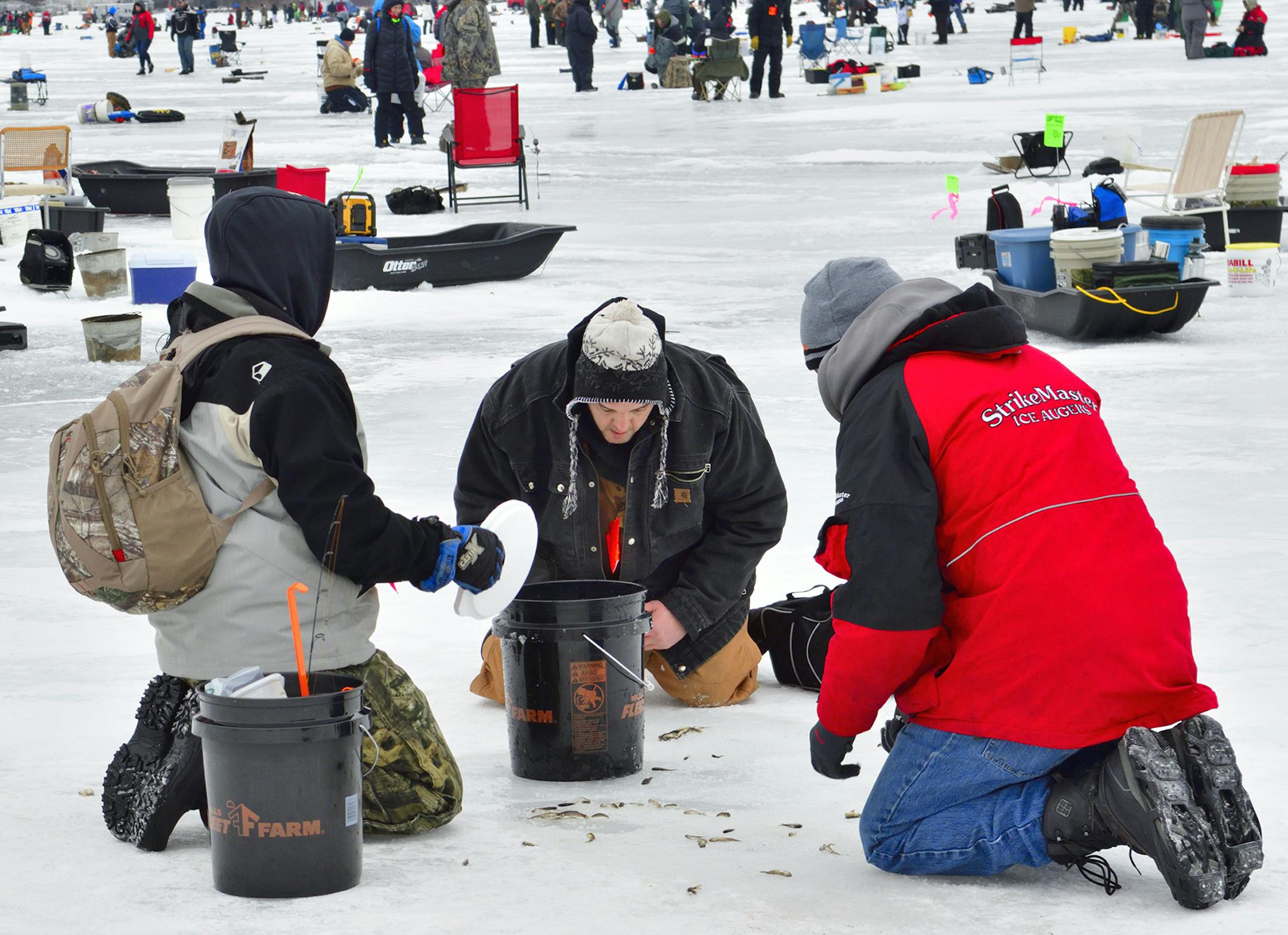 What's in that hole — the winning fish? About 10,000 anglers peered into the chilled water of Gull Lake on Saturday hoping to win a prize in the Brainerd Jaycees Ice Fishing Extravaganza.