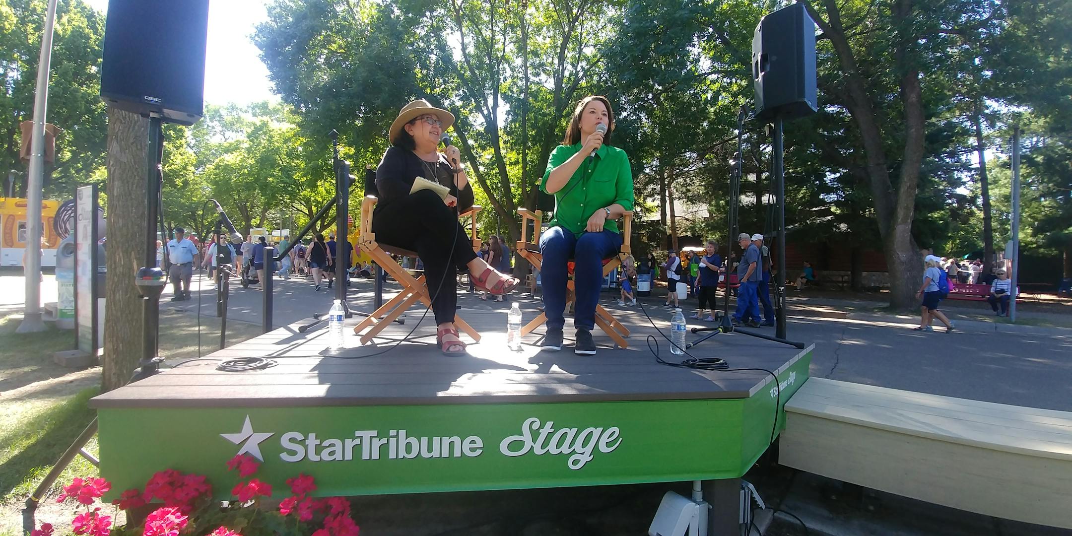 U.S. Rep. Angie Craig of Minnesota's Second Congressional District, right, with Star Tribune editorial writer Patricia Lopez at the State Fair on Thursday.