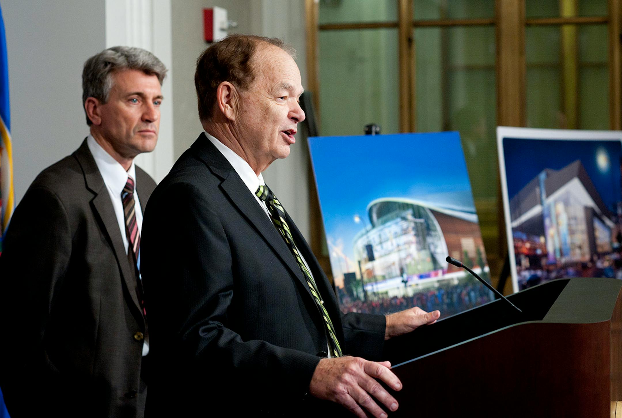 GLEN STUBBE • gstubbe@startribune.com -- Monday, May 9, 2011 -- St. Paul, Minn. -- ] Minneapolis mayor R.T. Rybak and Timberwolves owner Glen Taylor spoke about the new proposed Vikings stadium and Target Center renovation.