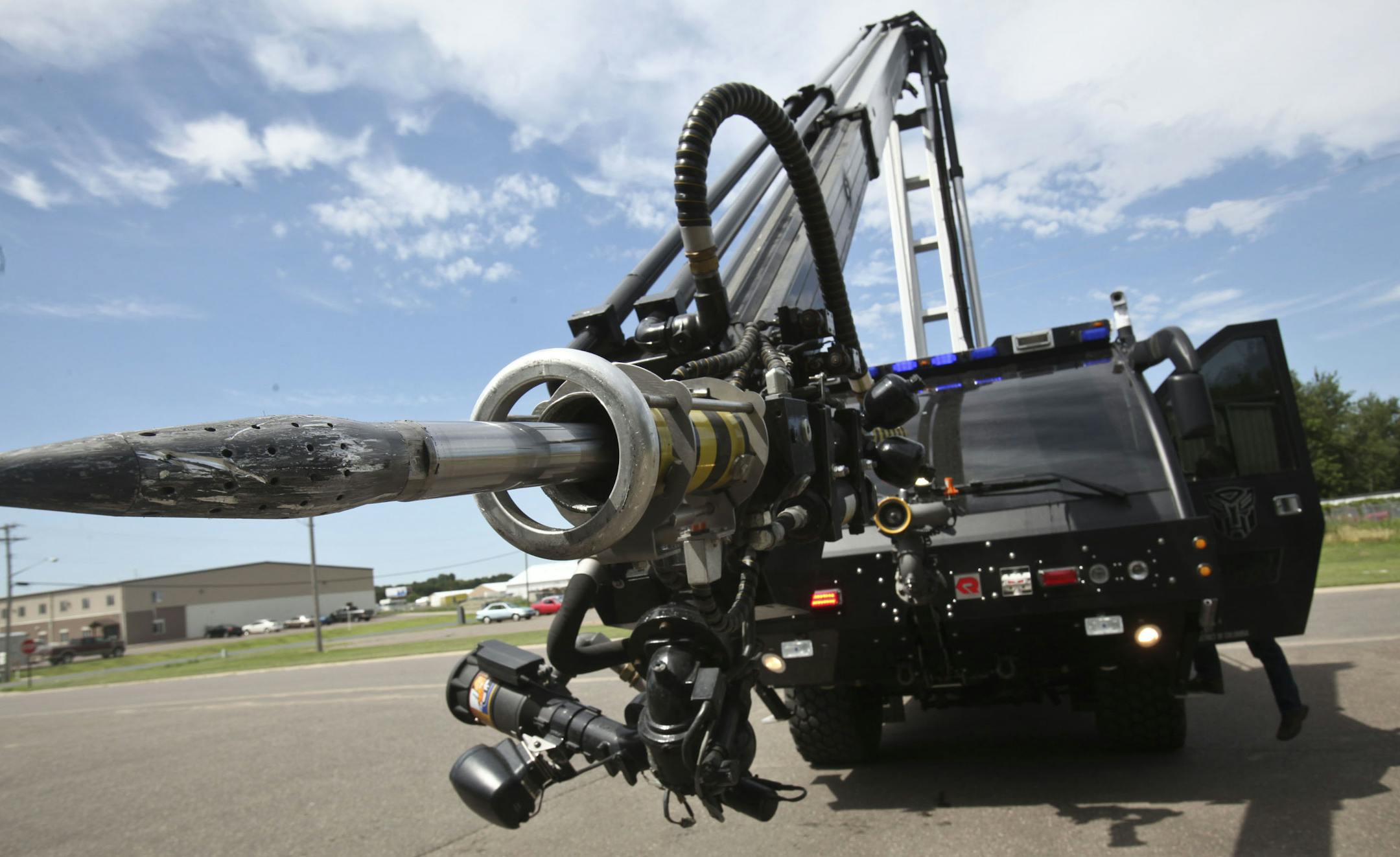 The firetruck after its Hollywood makeover. In the film — with help from special effects — it unfolds into Sentinel Prime, a 32-foot-tall supreme commander Autobot (given voice by actor Leonard Nimoy).