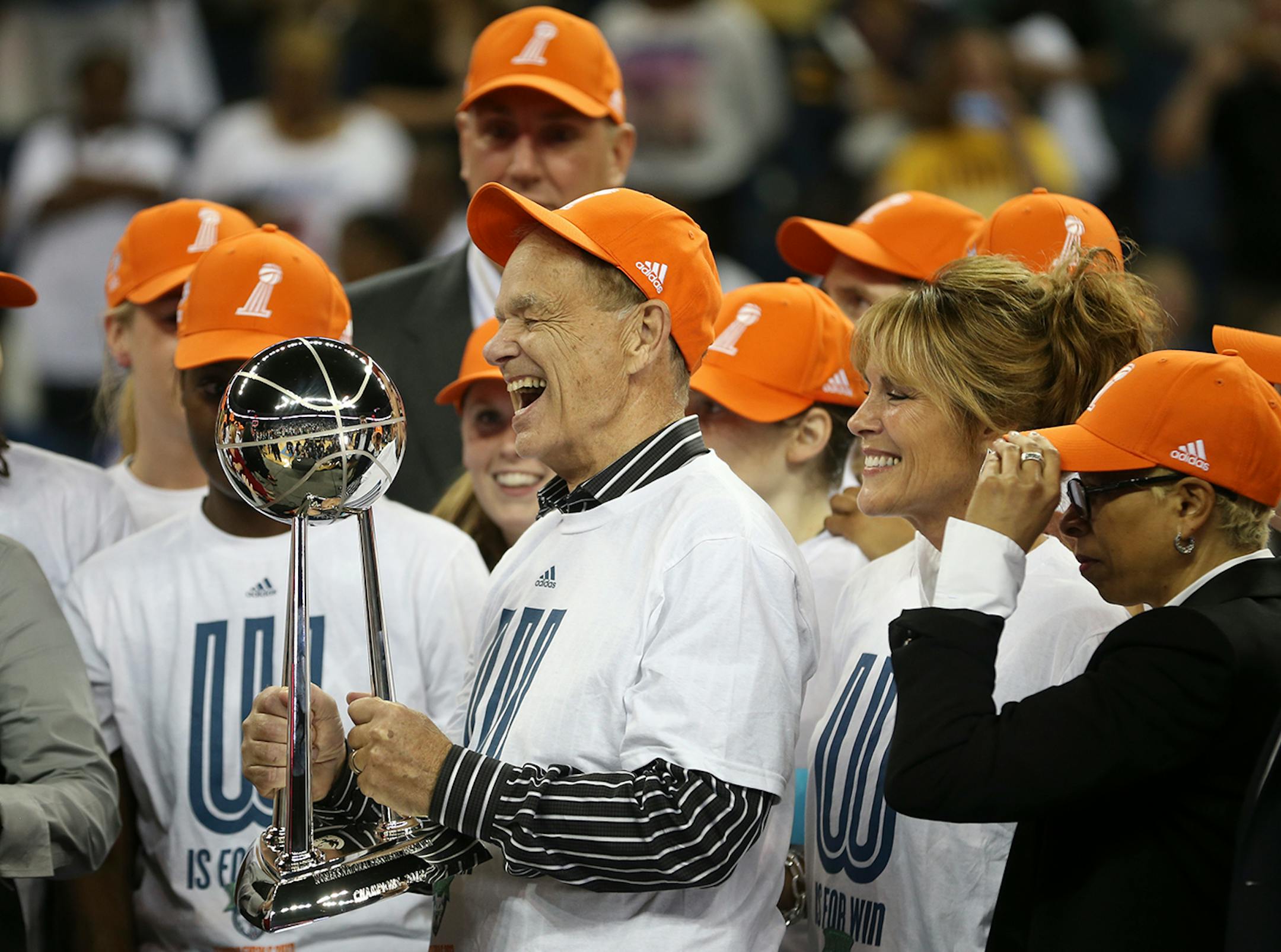 Minnesota Lynx team owner Glen Taylor celebrates with the WNBA trophy after the victory over the Atlanta Dream in Game 3 of the WNBA finals on Thursday, October 10, 2013, at the Gwinnett Center in Duluth, Ga. Minnesota won 86-77 to capture the championship.] RENEE JONES SCHNEIDER • reneejones@startribune.com
