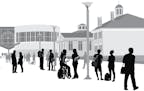 iStock
Silhouette vector illustration of a large group of students on campus.