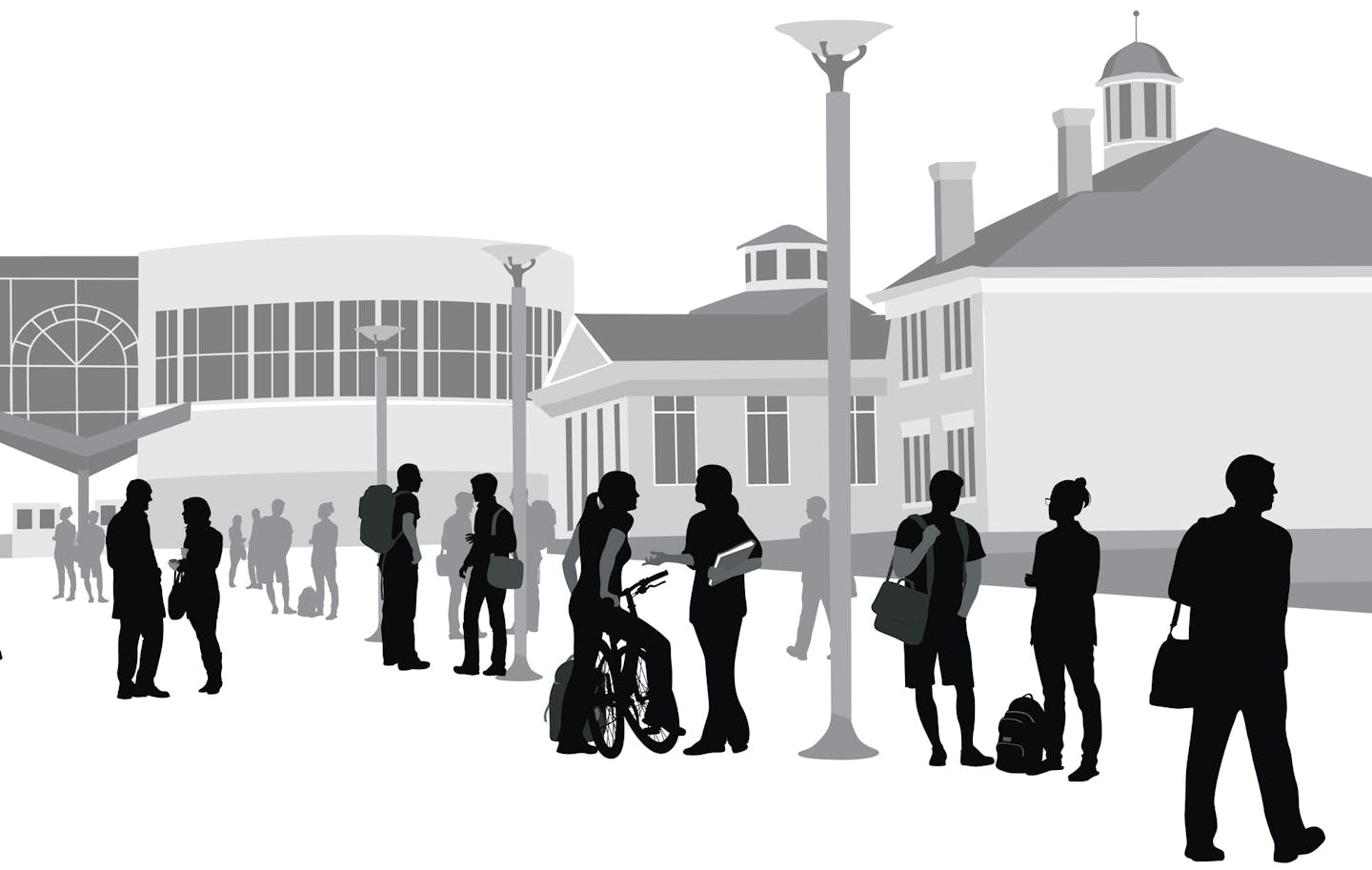 iStock
Silhouette vector illustration of a large group of students on campus.