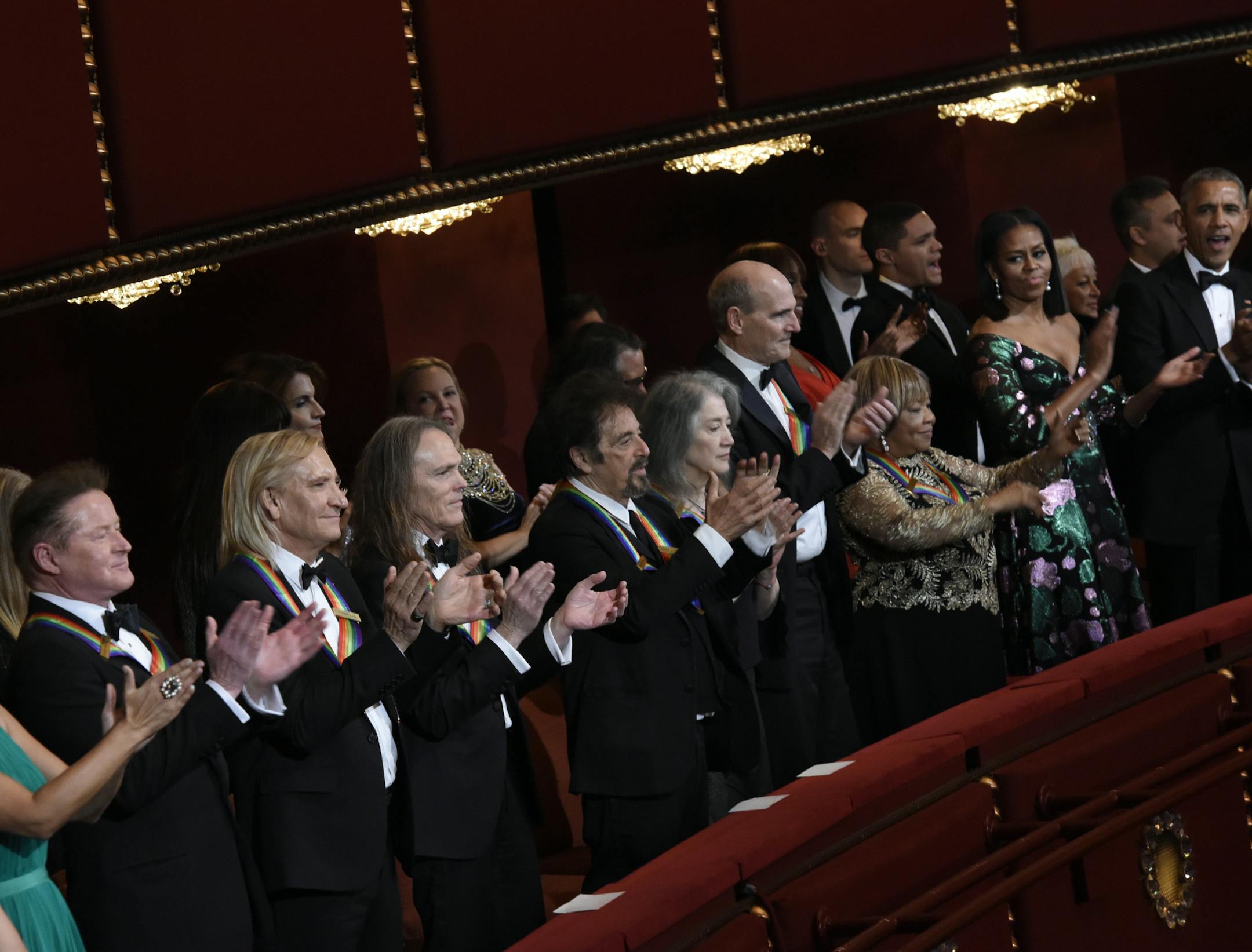 Argentine pianist Martha Argerich, rock band the Eagles, screen and stage actor Al Pacino, gospel and blues singer Mavis Staples and musician James Taylor are recognized for their achievements in the arts during a star-studded celebration on the Kennedy Center Opera House stage. THE 39TH ANNUAL KENNEDY CENTER HONORS, to be broadcast Tuesday, Dec. 27 (9:00-11:00 PM, ET/PT), on the CBS Television Network. Pictured L-R: Cindy Frey, Don Henley, Joe Walsh, Timothy B. Schmit, Al Pacino, Martha Argeric