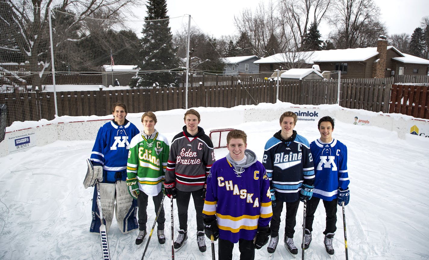 All-Metro boys' hockey team Charlie Glockner, Minnetonka left, Mason Nevers, Edina,Jack Jensen, Eden Prairie,Mike Koster, Chaska ,Bryce Brodzinski, Blaine,and Josh Luedtke, Minnetonka Sunday February 17, 2019 in Mendota Heights , MN.] Jerry Holt &#x2022; Jerry.holt@startribune.com