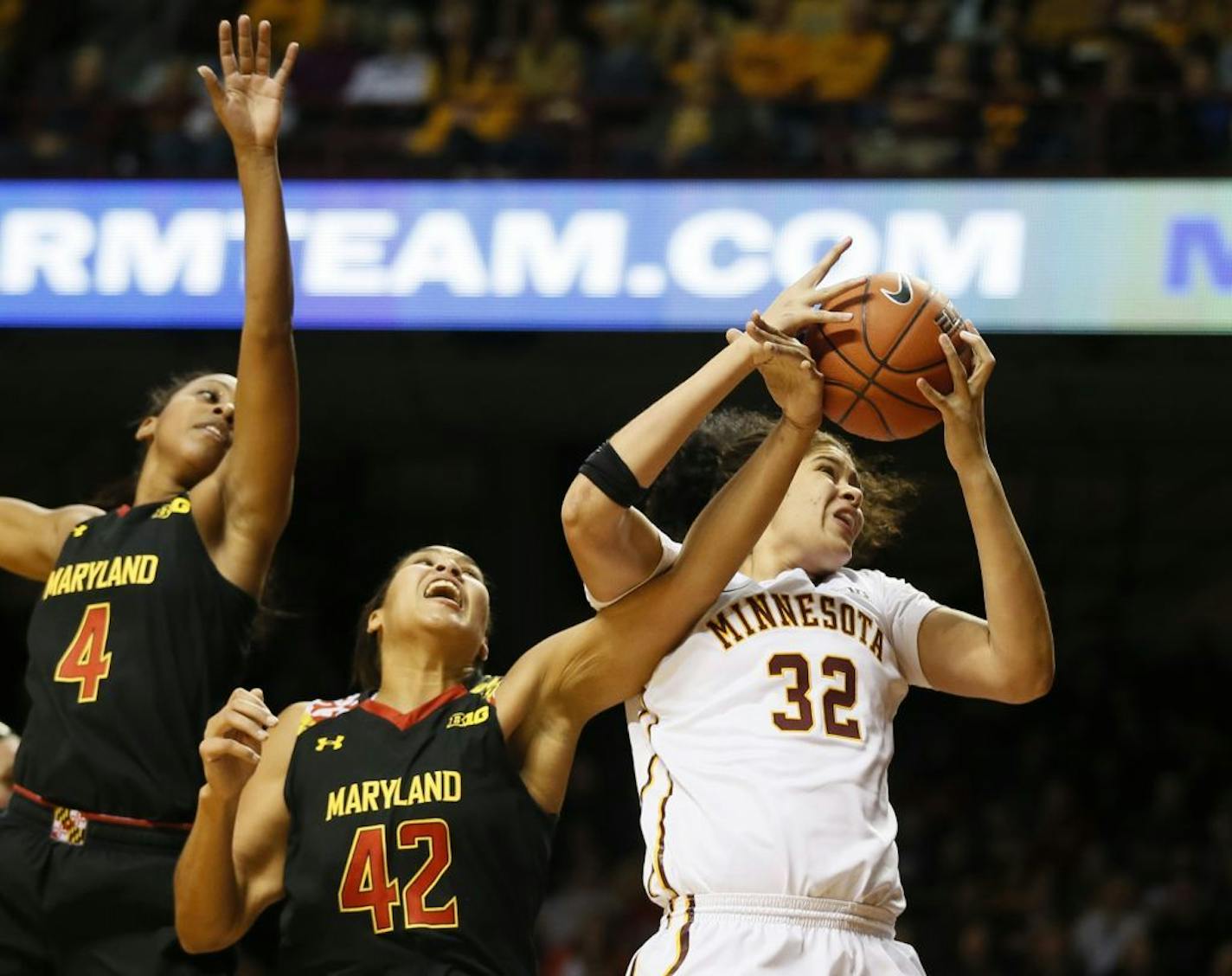 Minnesota Golden Gophers center Amanda Zahui B. (32) pulled down a rebound over Maryland Terrapins center Brionna Jones (42) Sunday at Williams arena January 11, 2015 Minneapolis, MN. Maryland played Minnesota in Big Ten action Sunday at Williams Arena.