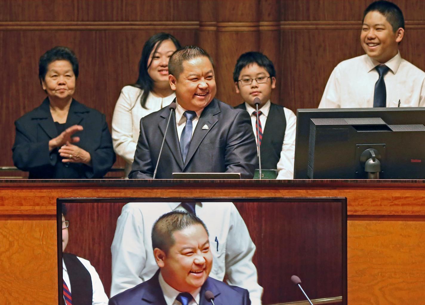 Dai Thao was joined by his family (left to right) Mai Yang, Amee Xiong, Riley Thao and Winston Thao at the ceremony.