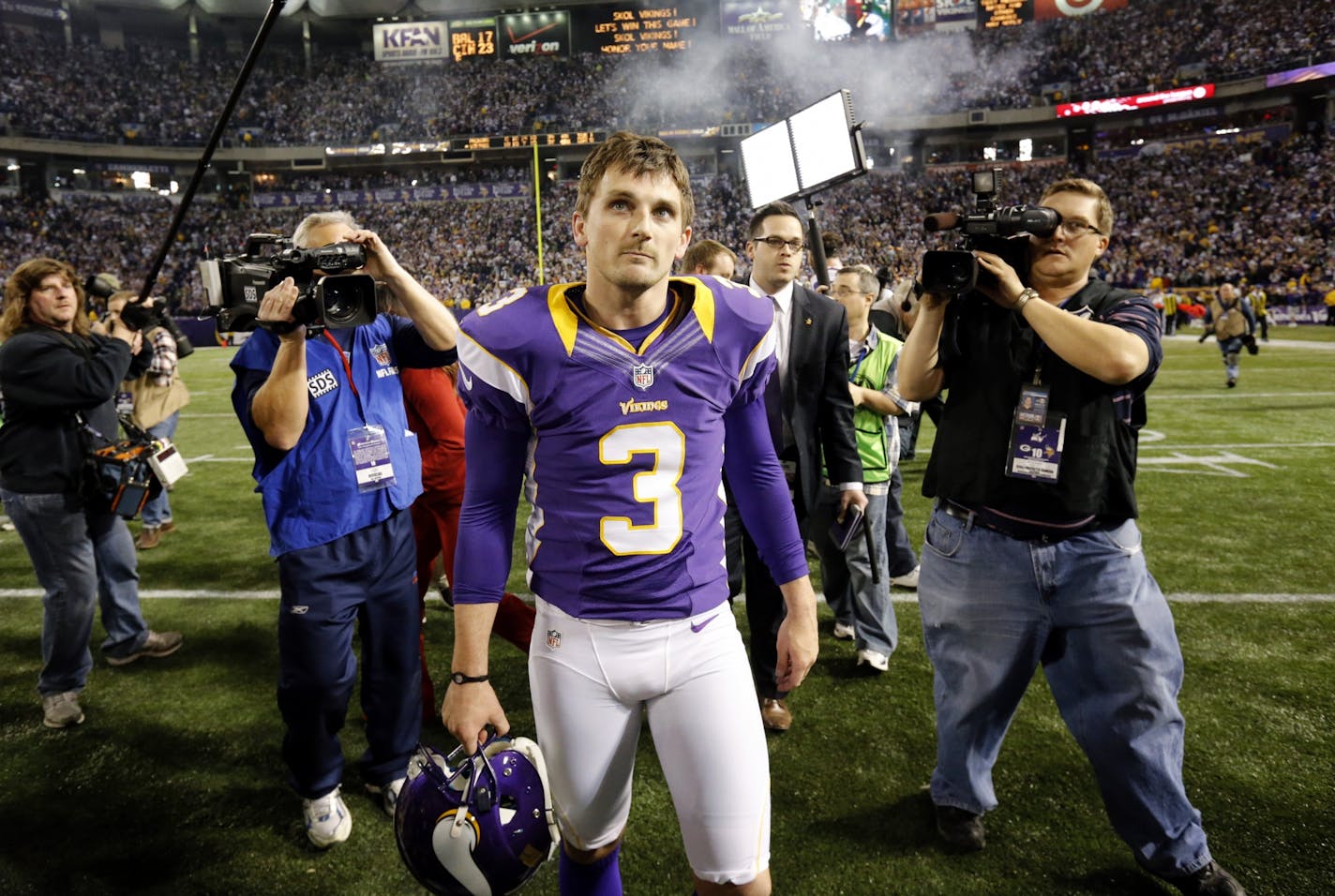 Vikings kicker Blair Walsh walked off the field at the end of the game after kicking three field goals, including the game-winner on the final snap.