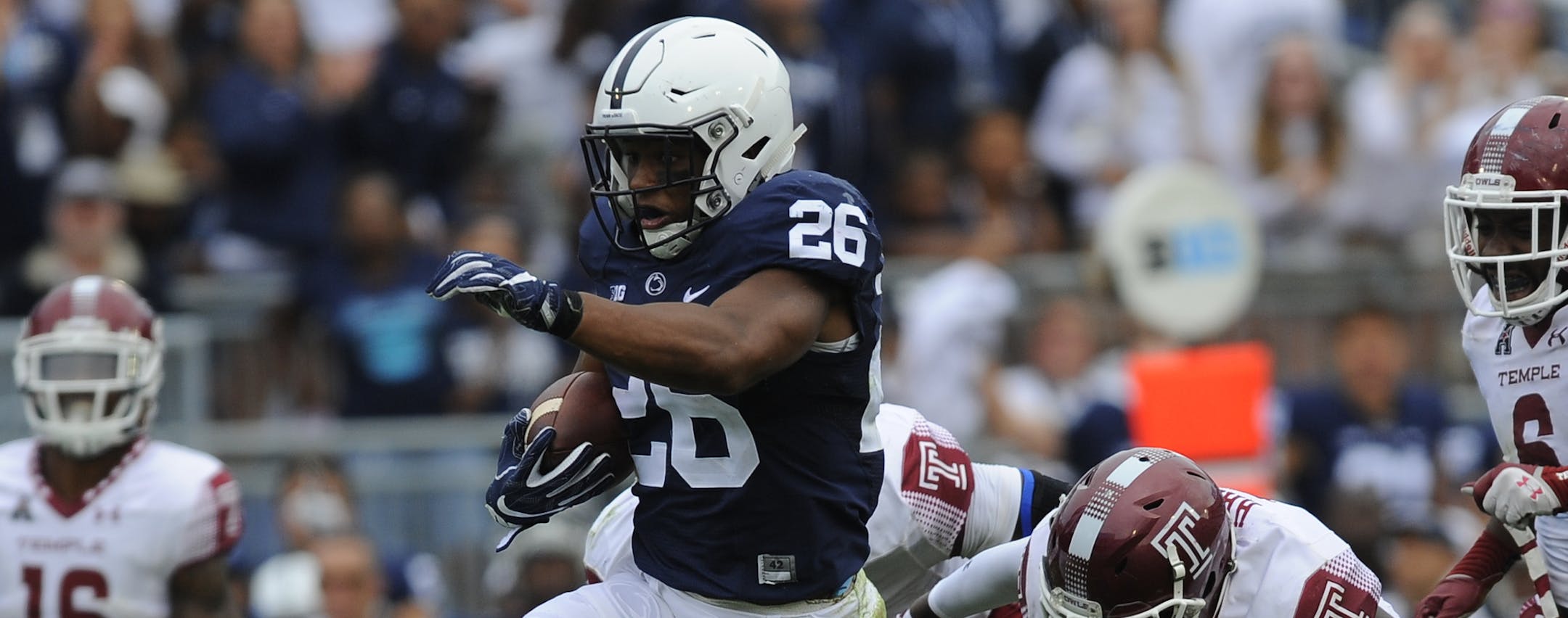 17 September 2016: Penn State RB Saquon Barkley (26) jumps leaps during a 55-yard touchdown during the fourth quarter. The Penn State Nittany Lions defeated the Temple Owls 34-27 at Beaver Stadium in State College, PA. (Photo by Randy Litzinger/Icon Sportswire) (Icon Sportswire via AP Images) ORG XMIT: 264766
