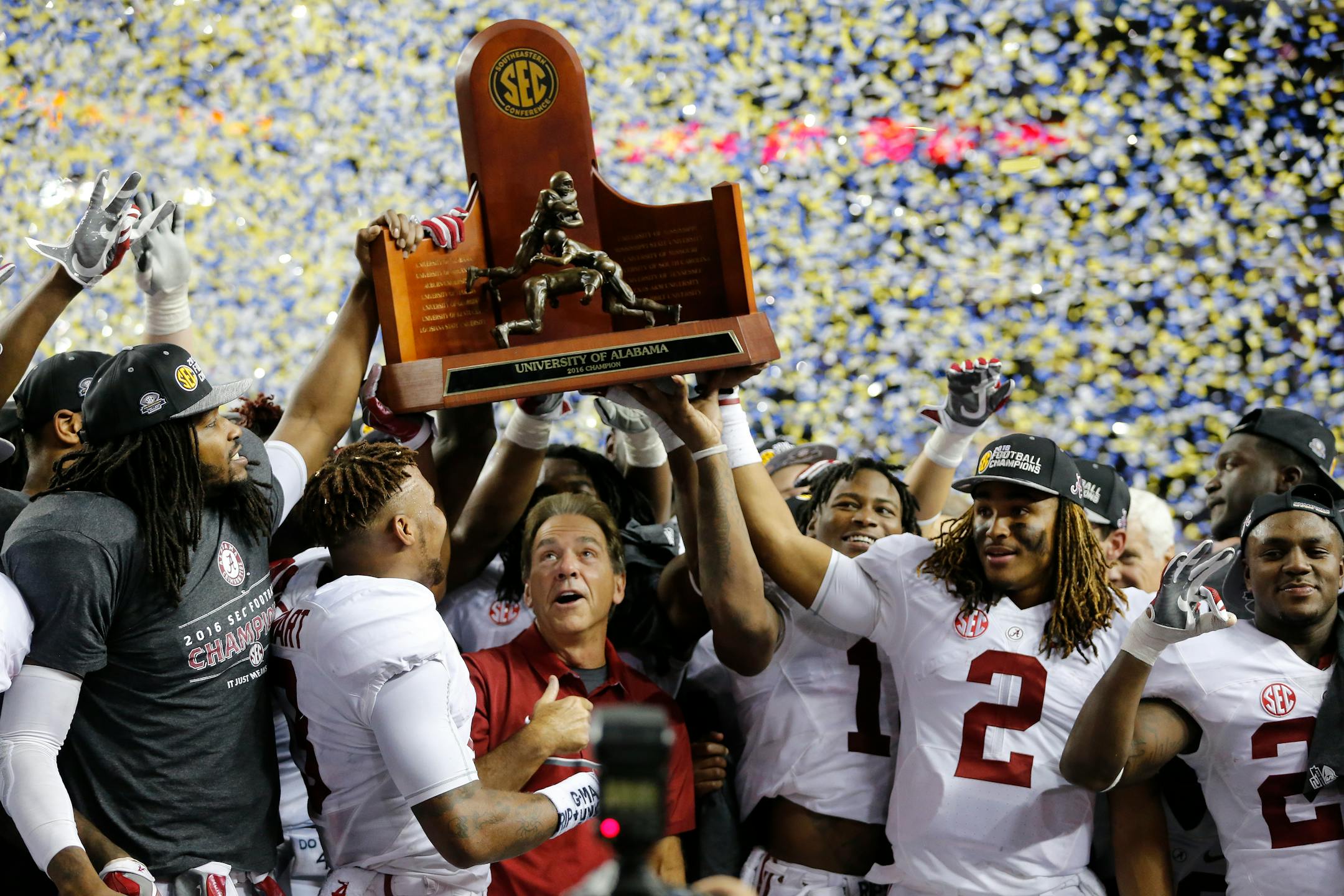 Alabama team members celebrated after the Southeastern Conference championship game victory over Florida last December. The USA Today Amway Coaches preseason poll has the Crimson Tide as the No. 1 team in the country.