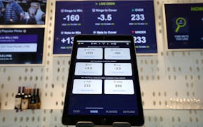 FILE - In this March 19, 2019, file photo, an iPad displays the types of free bets that could be placed at the Golden 1 Center's Skyloft Predictive Ga