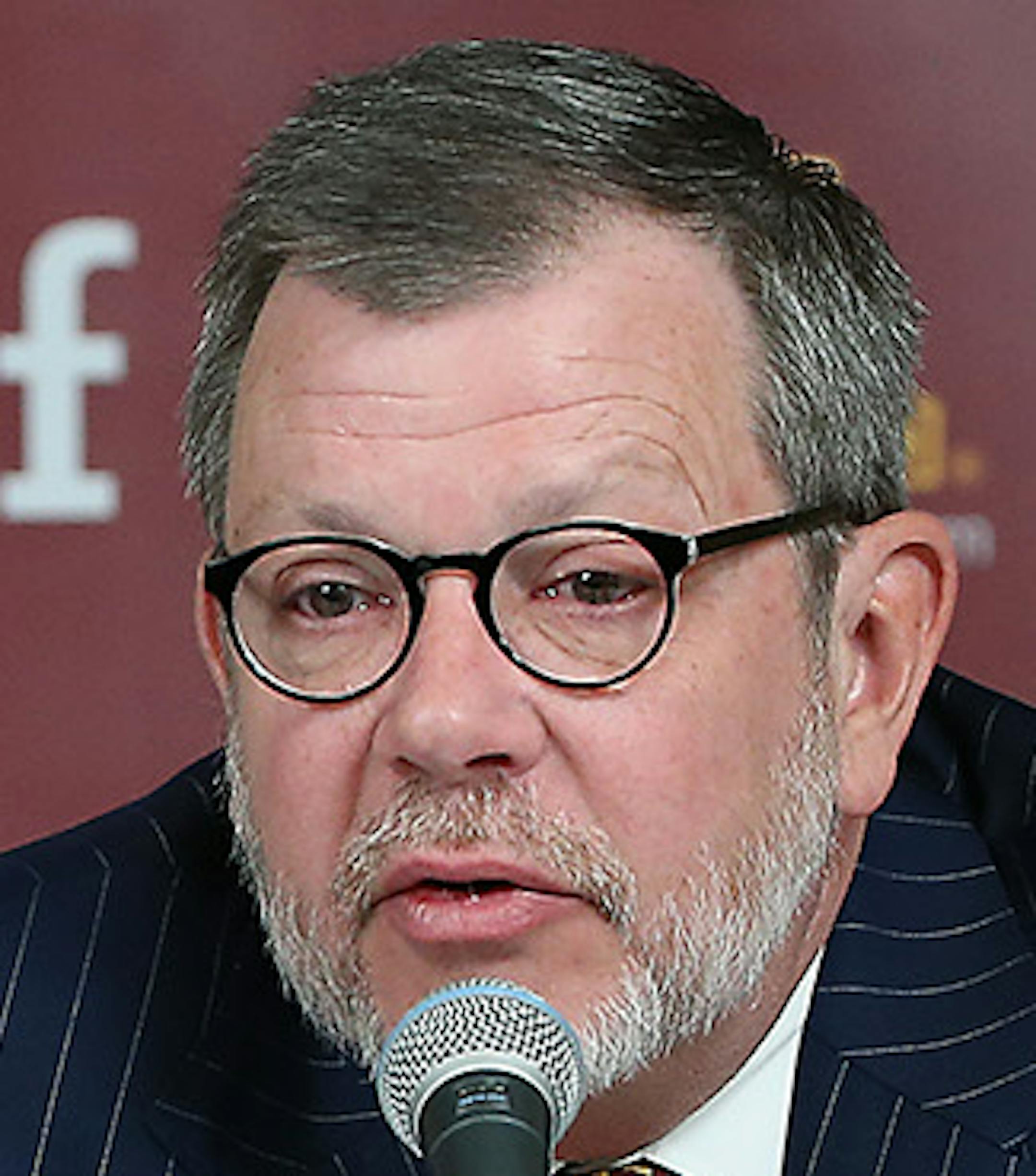 University of Minnesota Interim Athletic Director Beth Goetz, left, and school President Eric Kaler speak to the media after NCAA college football head coach Jerry Kill announced that he is resigning from the football program because of health issues Wednesday, Oct. 28, 2015, at TCF Bank Stadium in Minneapolis, Minn. (Elizabeth Flores/Star Tribune via AP)
