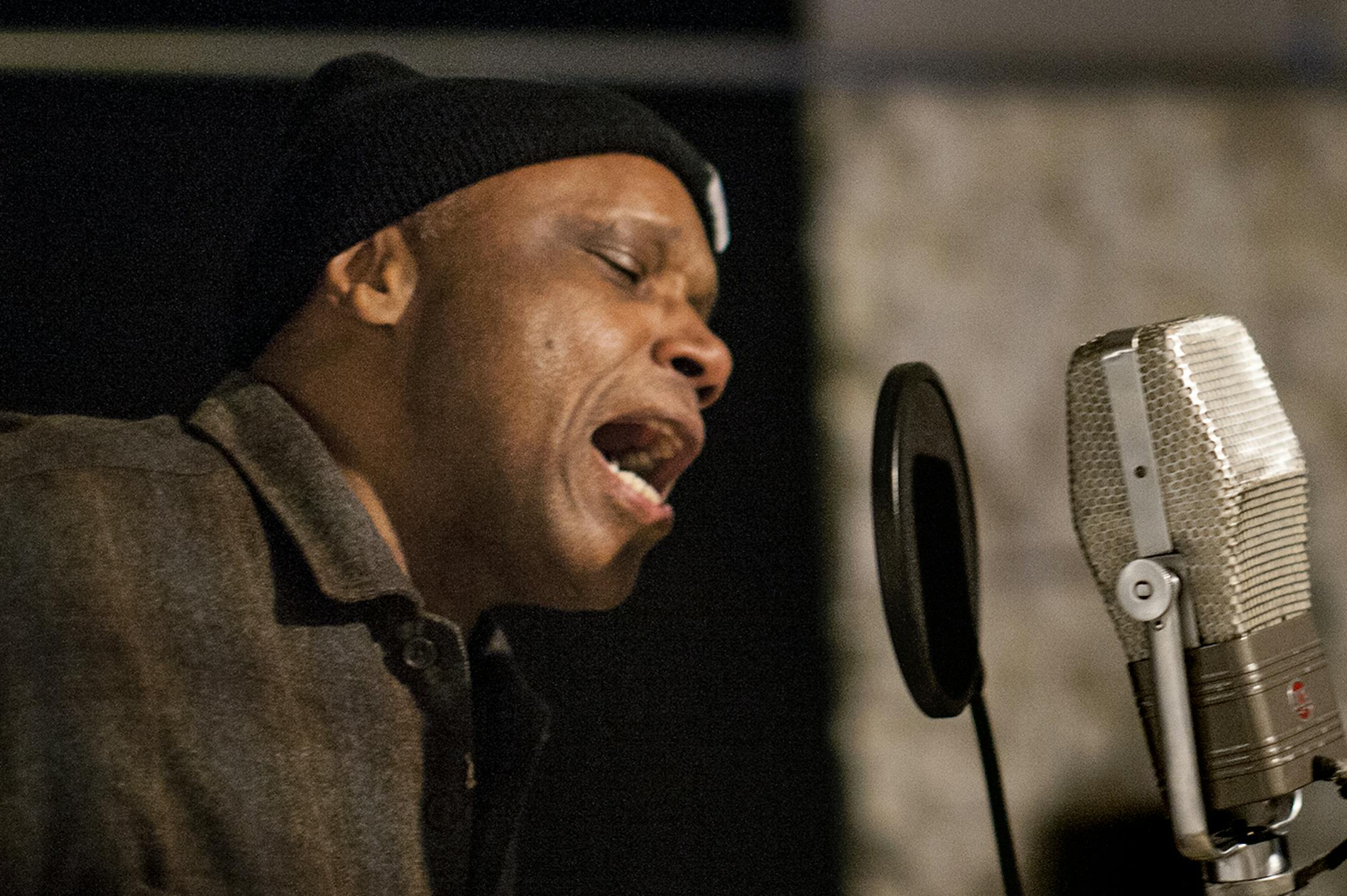 Sonny Knight works on a new album with the Secret Stash house band--the Lakers--at the Secret Stash basement recording studio in Minneapolis January 4, 2014. (Courtney Perry/Special to the Star Tribune)