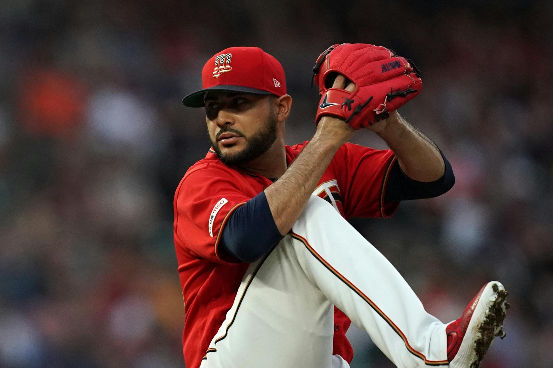 Minnesota Twins starting pitcher Martin Perez (33) delivered a pitch in the first inning.