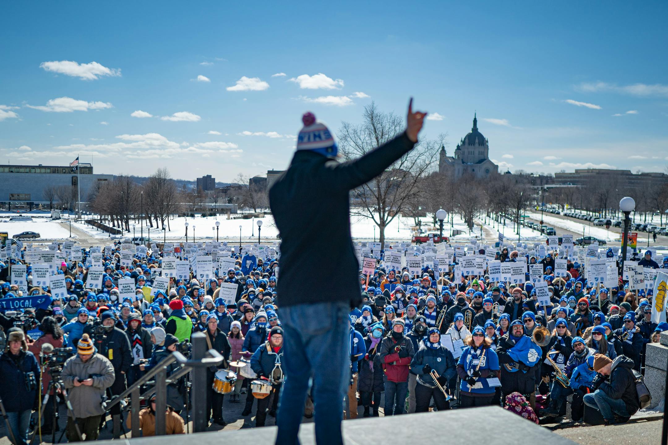 Shaun Laden, president ESP chapter of MFT pinted back at the Capitol as he spoke at the rally. Twin Cities teachers including MFT, Minneapolis Federation of Teachers Local 59, and ESP, Education Support Professionals, rallied at the Minnesota State Capitol.