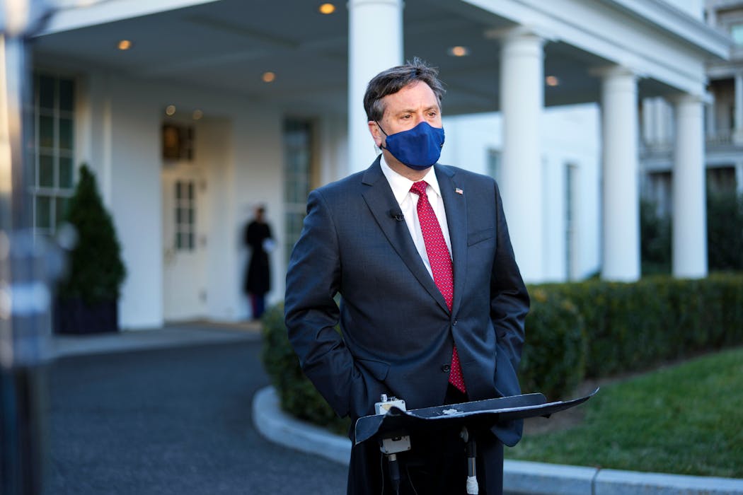 Ron Klain, President Joe Biden’s chief of staff, is interviewed outside the White House on Jan. 26, 2021. Klain has been a constant in the president’s meetings with his coronavirus team. 