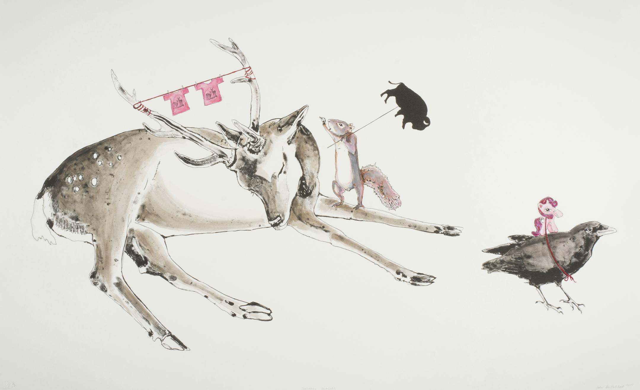 Highpoint Printmaking Julie Buffalohead, Squirrel Mumbles, Lithograph with Hand Coloring, 2015. Image credit: David Kern