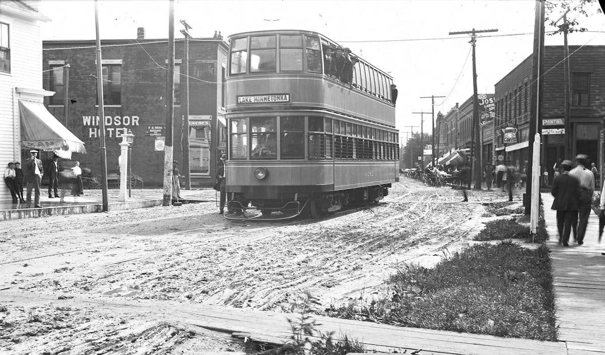 A double-decker streetcar operates in Excelsior in the early 1900s. These special cars were only run for several years.