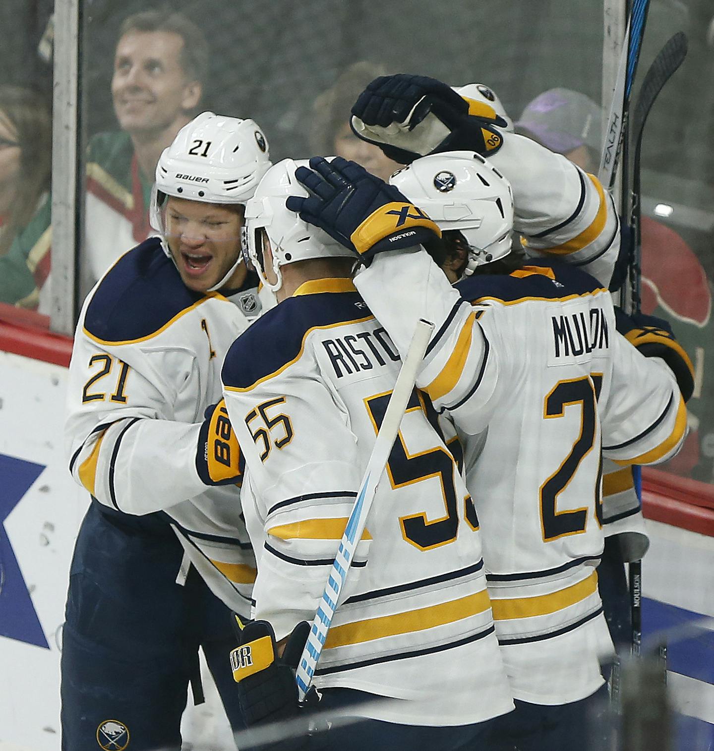 Buffalo Sabres' teammates celebrate after scoring a goal in the first period of an NHL hockey game against the Minnesota Wild, Tuesday, Nov. 1, 2016, in St. Paul, Minn. (AP Photo/Stacy Bengs)